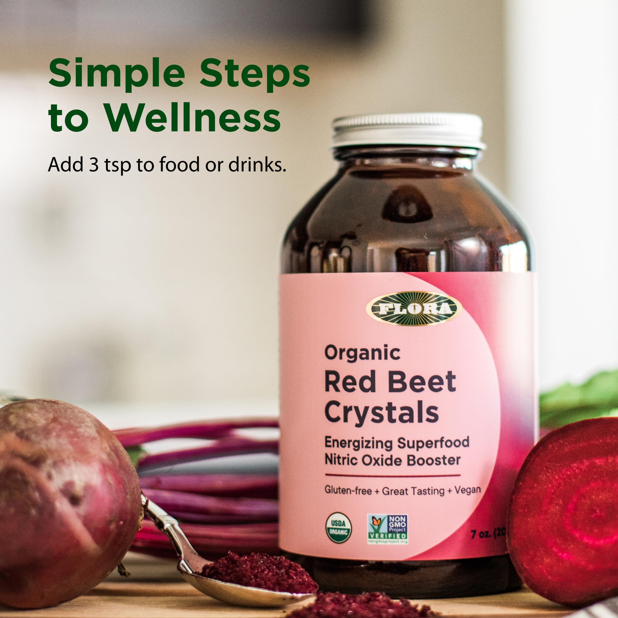 Flora Health Organic Red Beet Crystals on a kitchen counter
