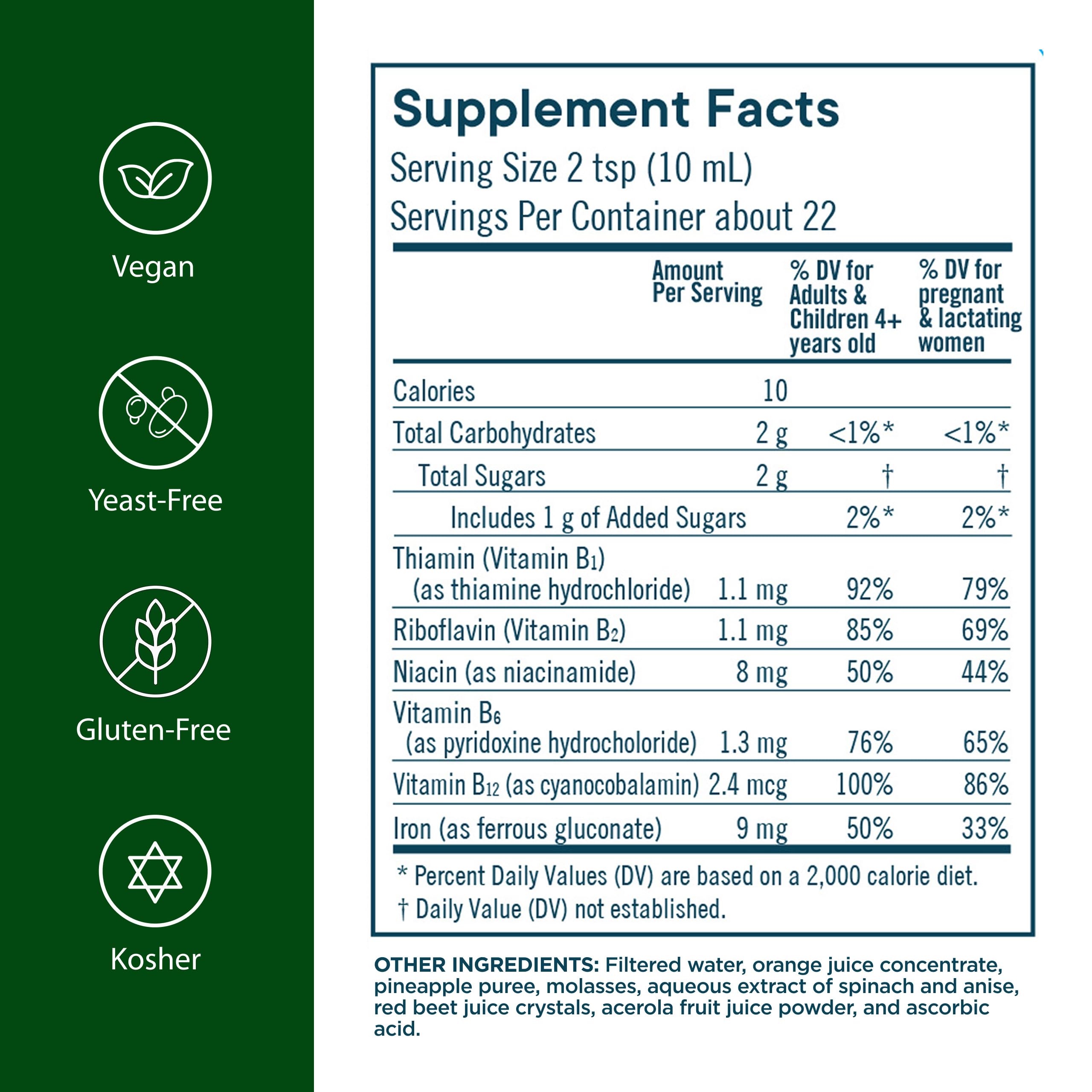 Flora Iron Liquid Supplement 476g back view with ingredients