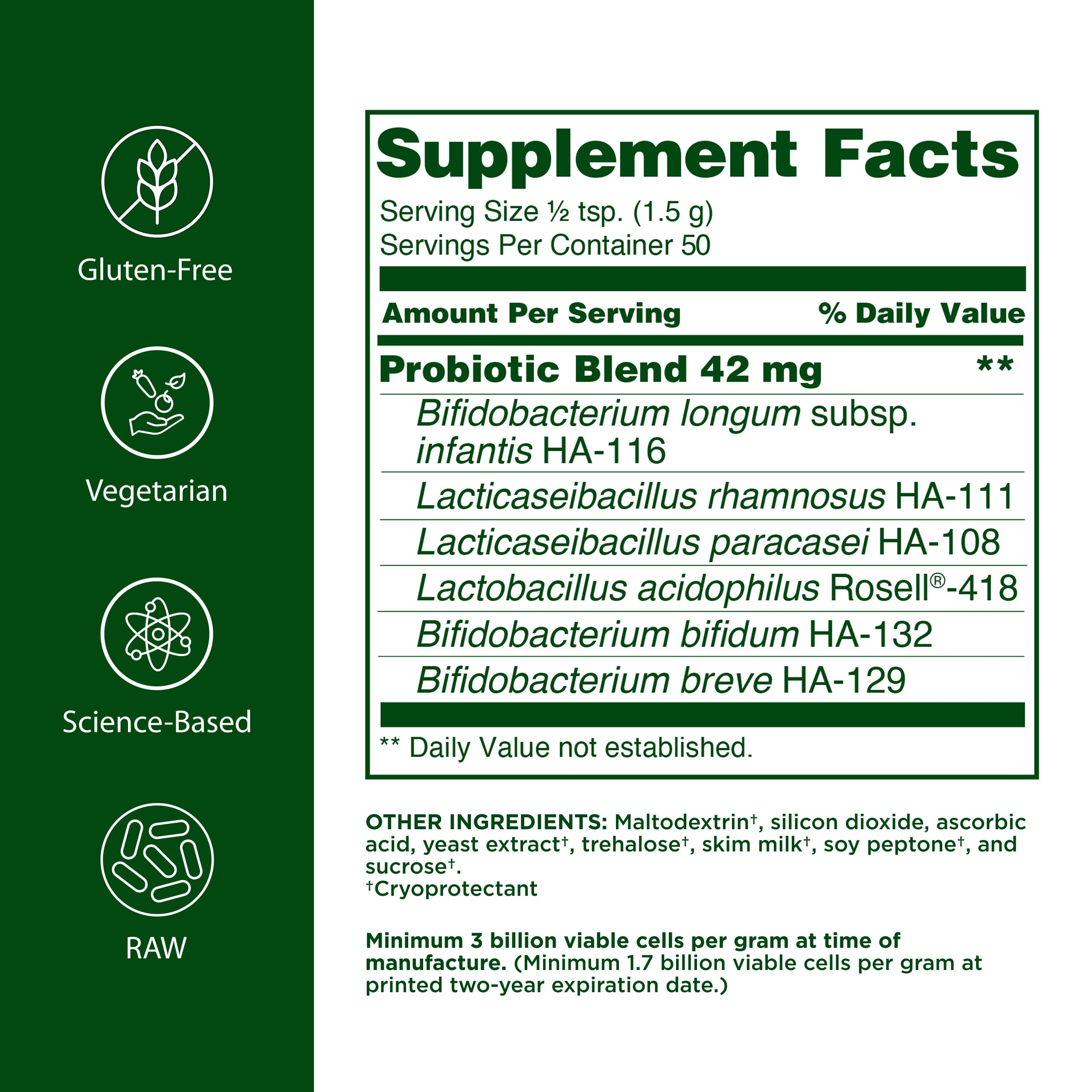 Flora Kid's Probiotic Powder 172g back view showing nutritional information