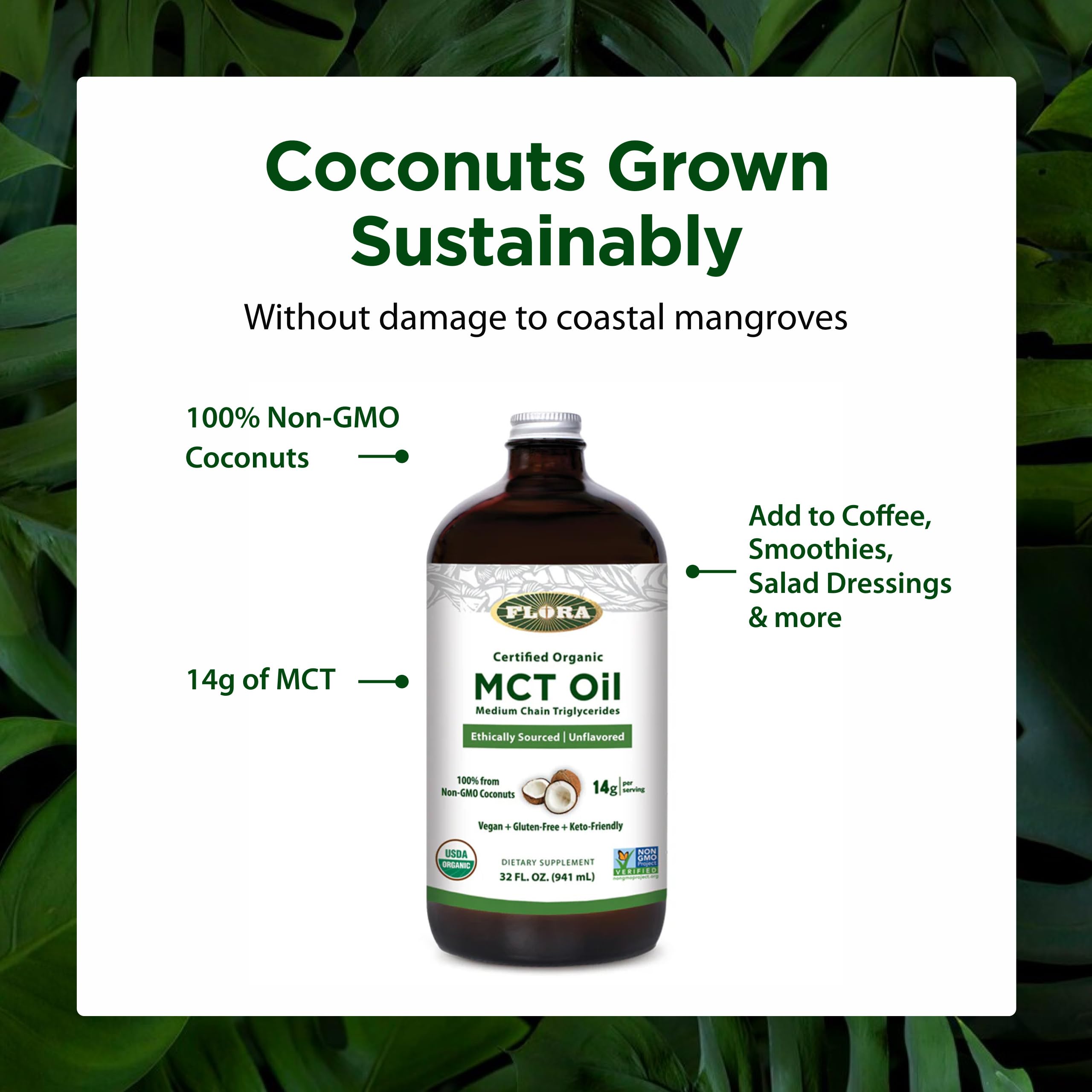 Flora MCT Oil 1134g with coconut oil background