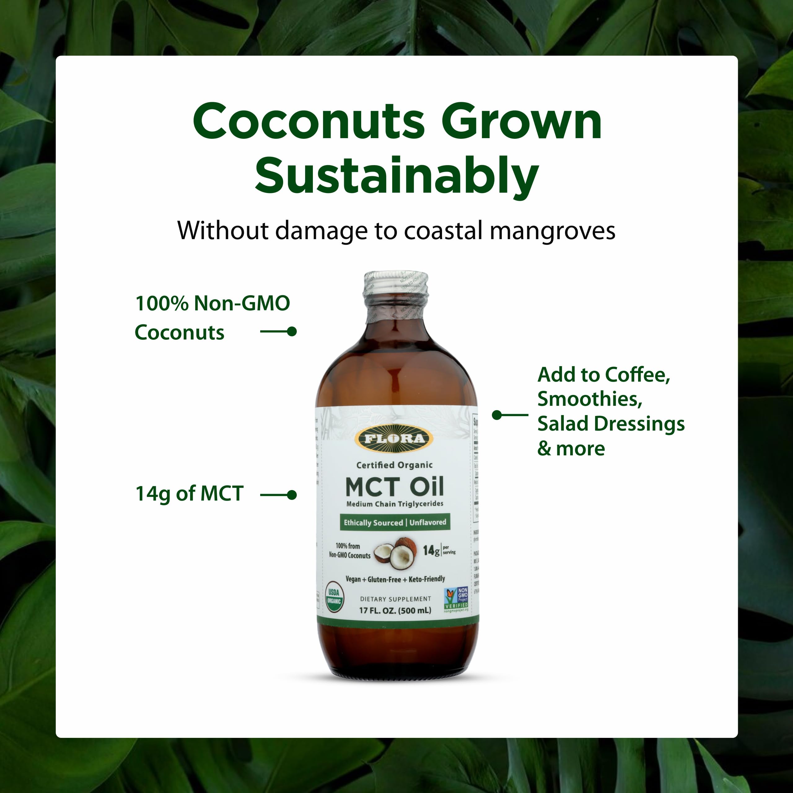 Flora MCT Oil Organic 762g bottle on a kitchen counter