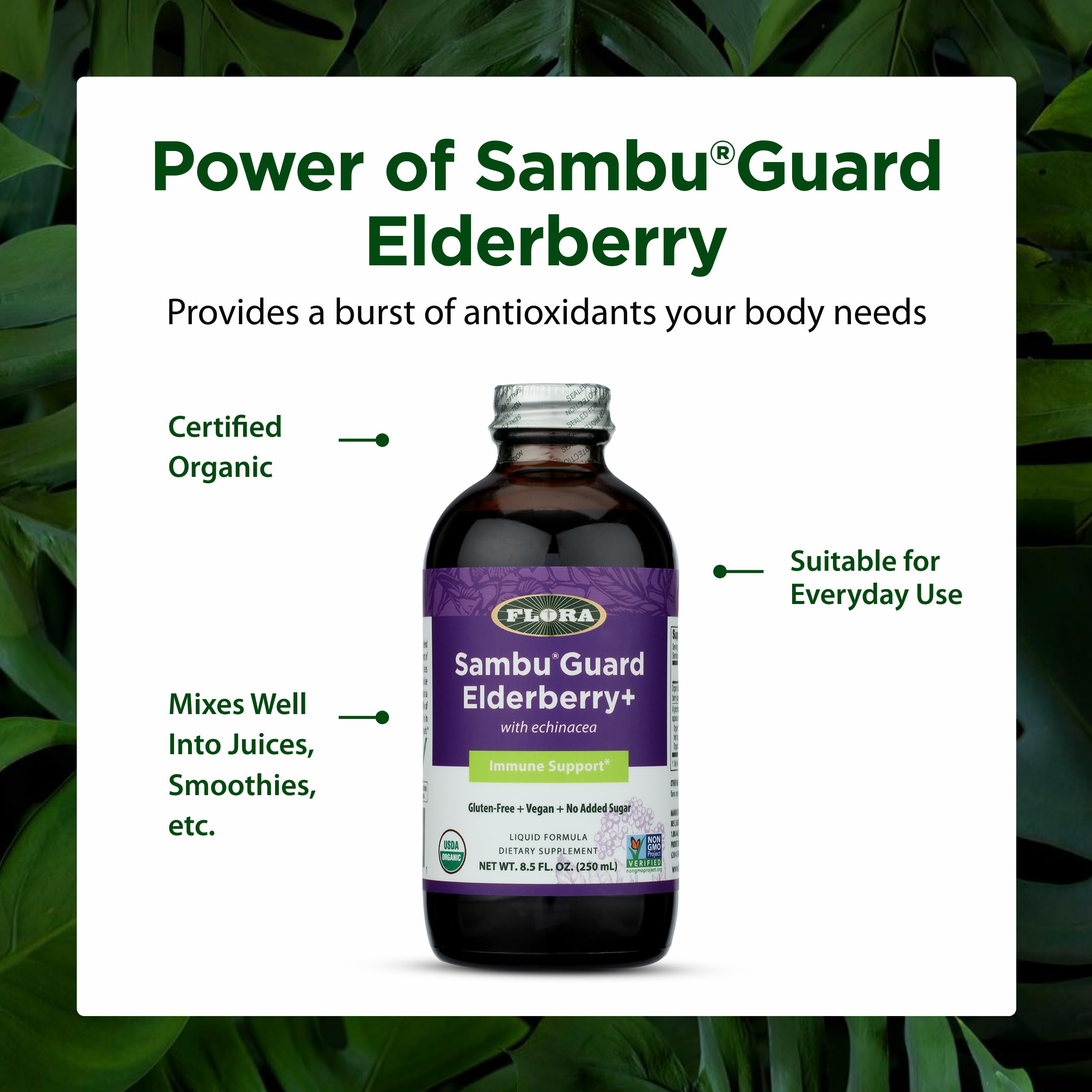Flora SambuGuard Elderberry+ in a glass with water