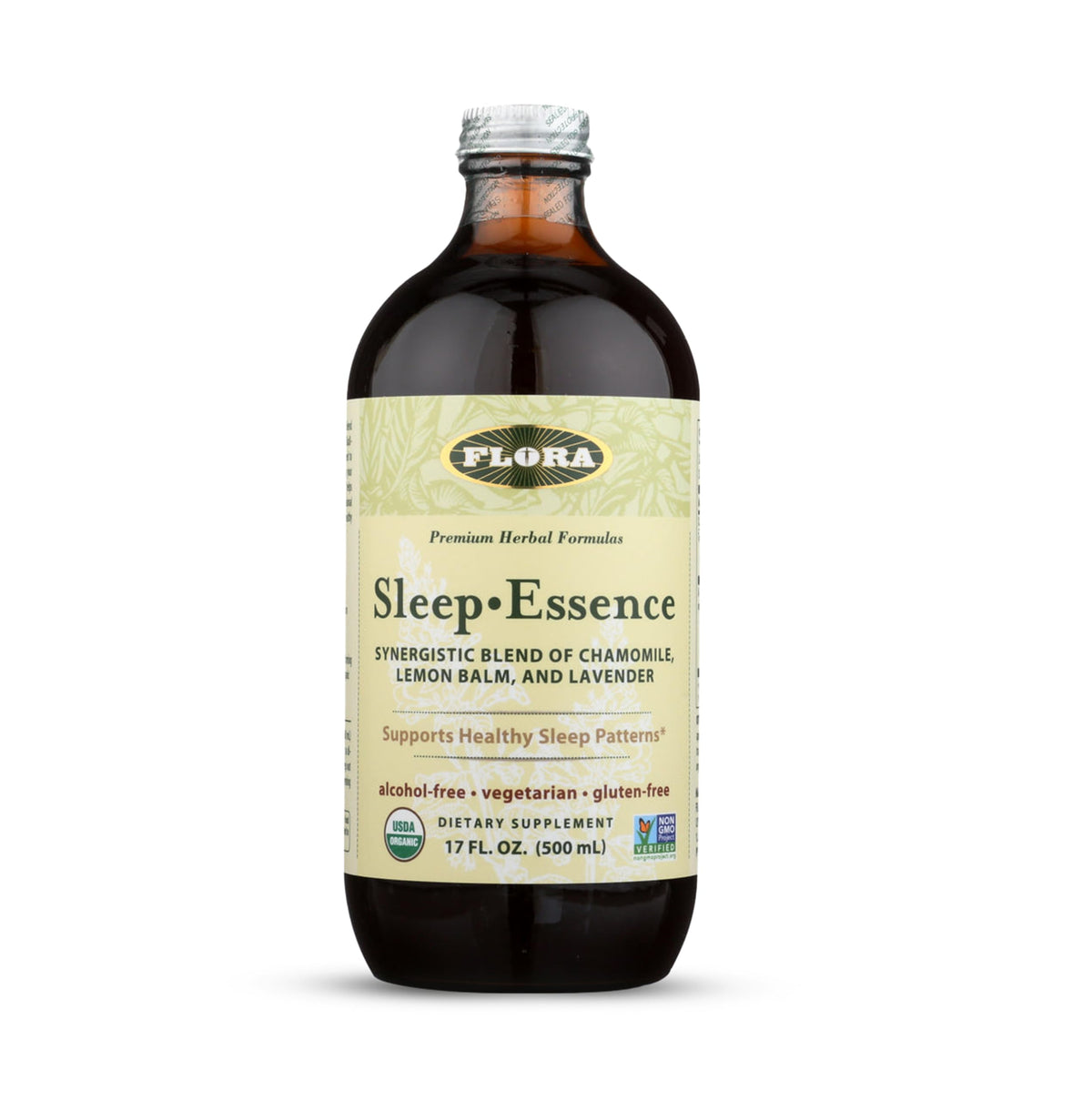 Flora Sleep-Essence organic herbal supplement 17 fl. oz. glass bottle front view