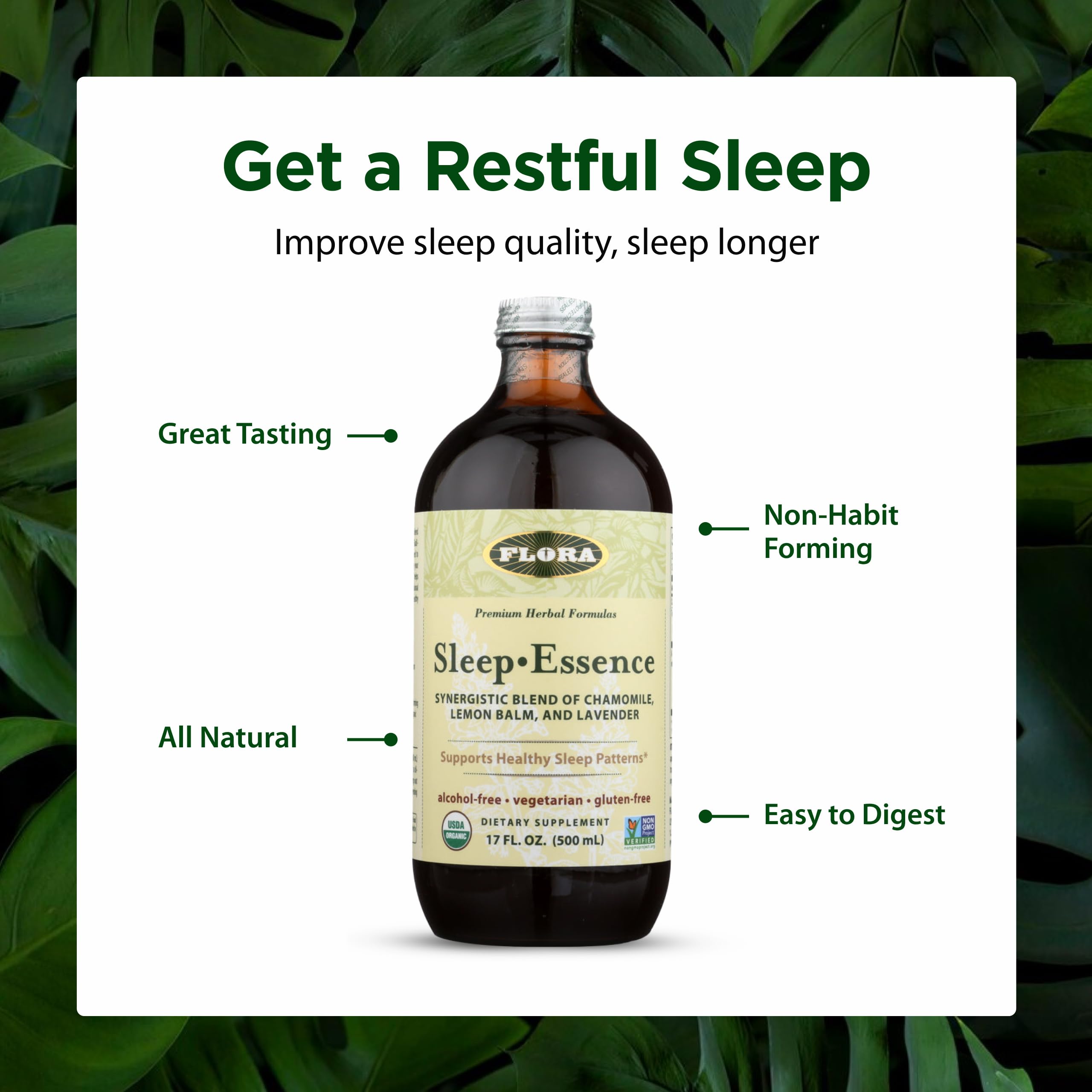 Flora Sleep-Essence organic herbal supplement 17 fl. oz. glass bottle on wooden table