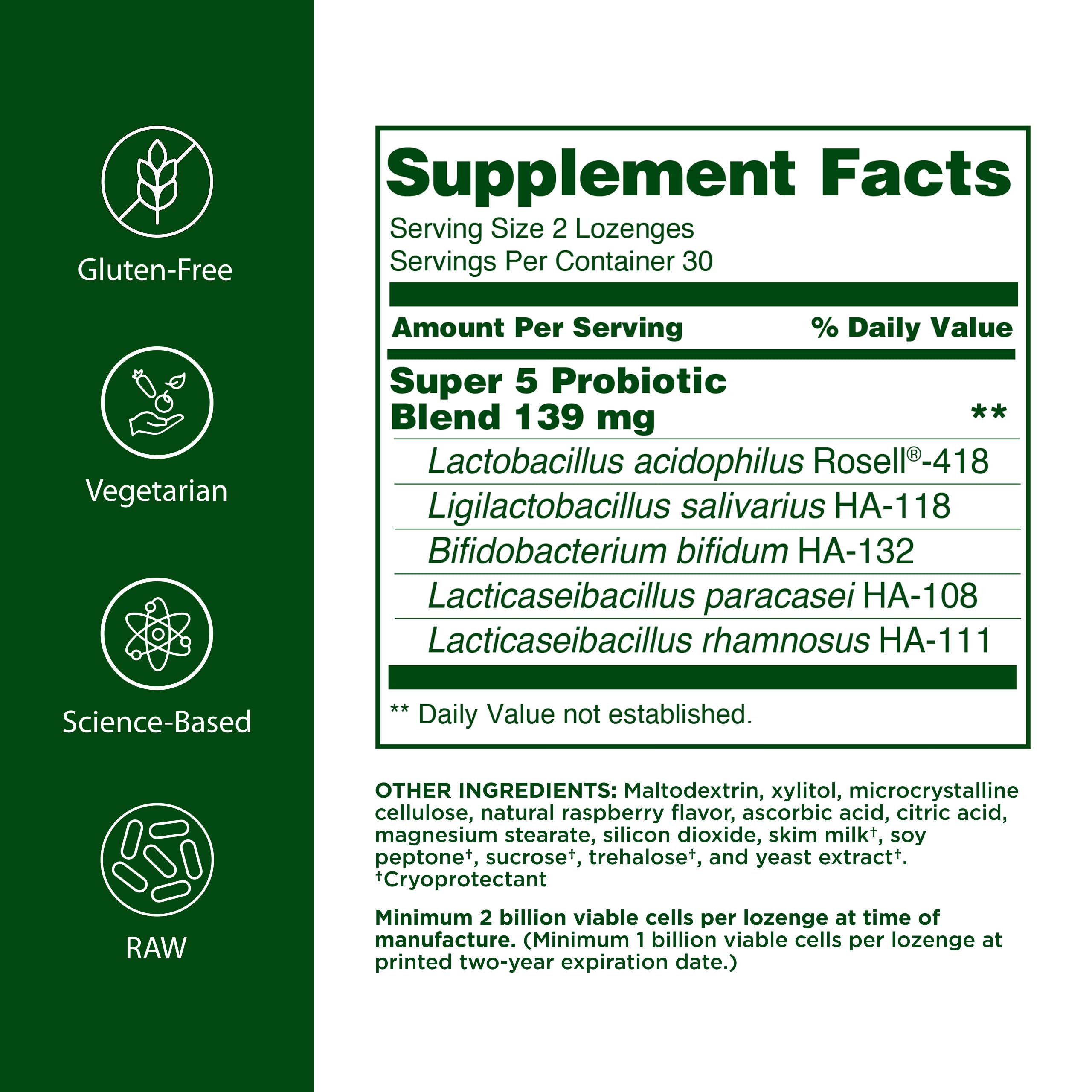 Flora Super 5 Probiotic Lozenges packaging side view