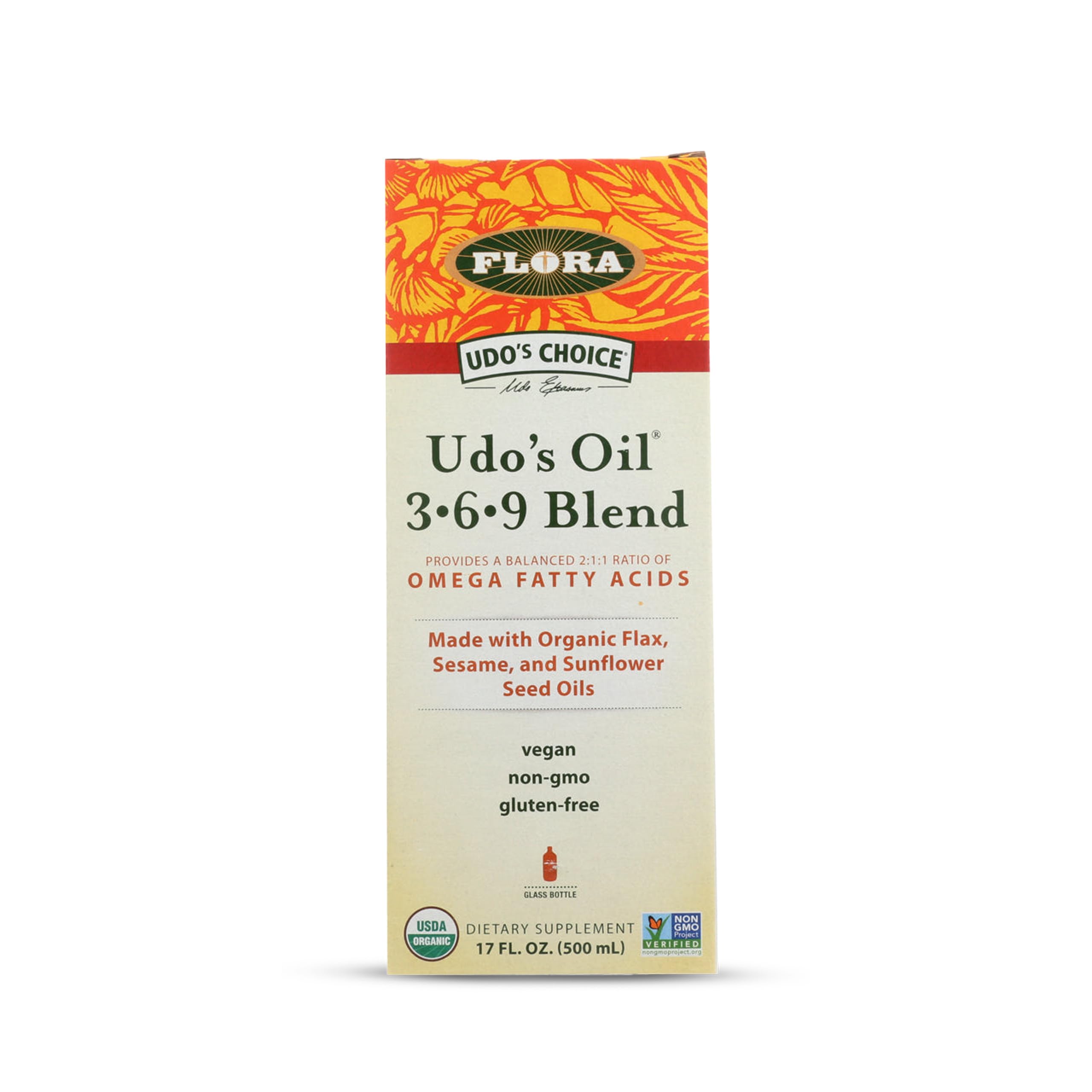 Flora Udo's Omega 369 Blend 499g front view with dark glass bottle