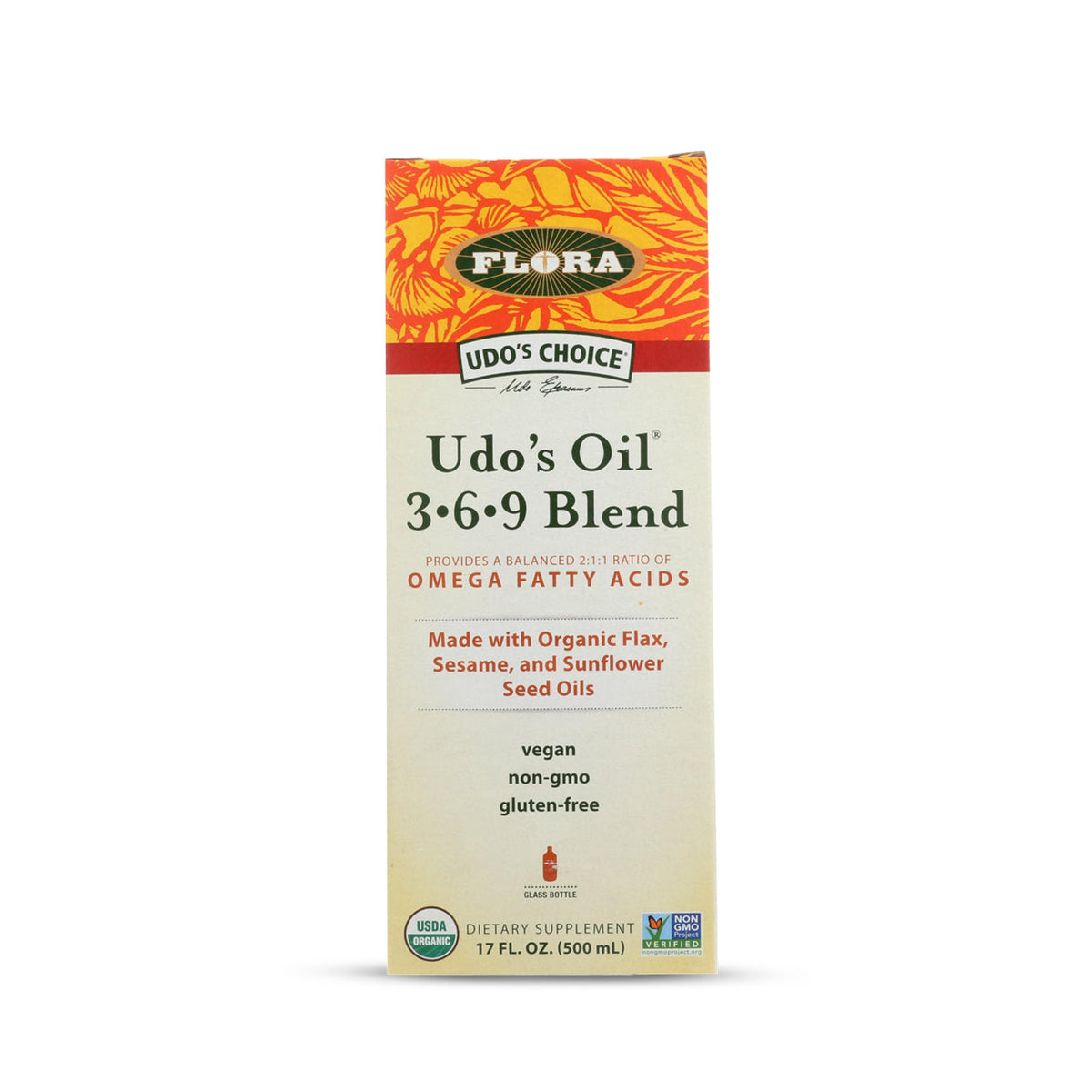 Flora Udo's Omega 369 Blend 499g front view with dark glass bottle