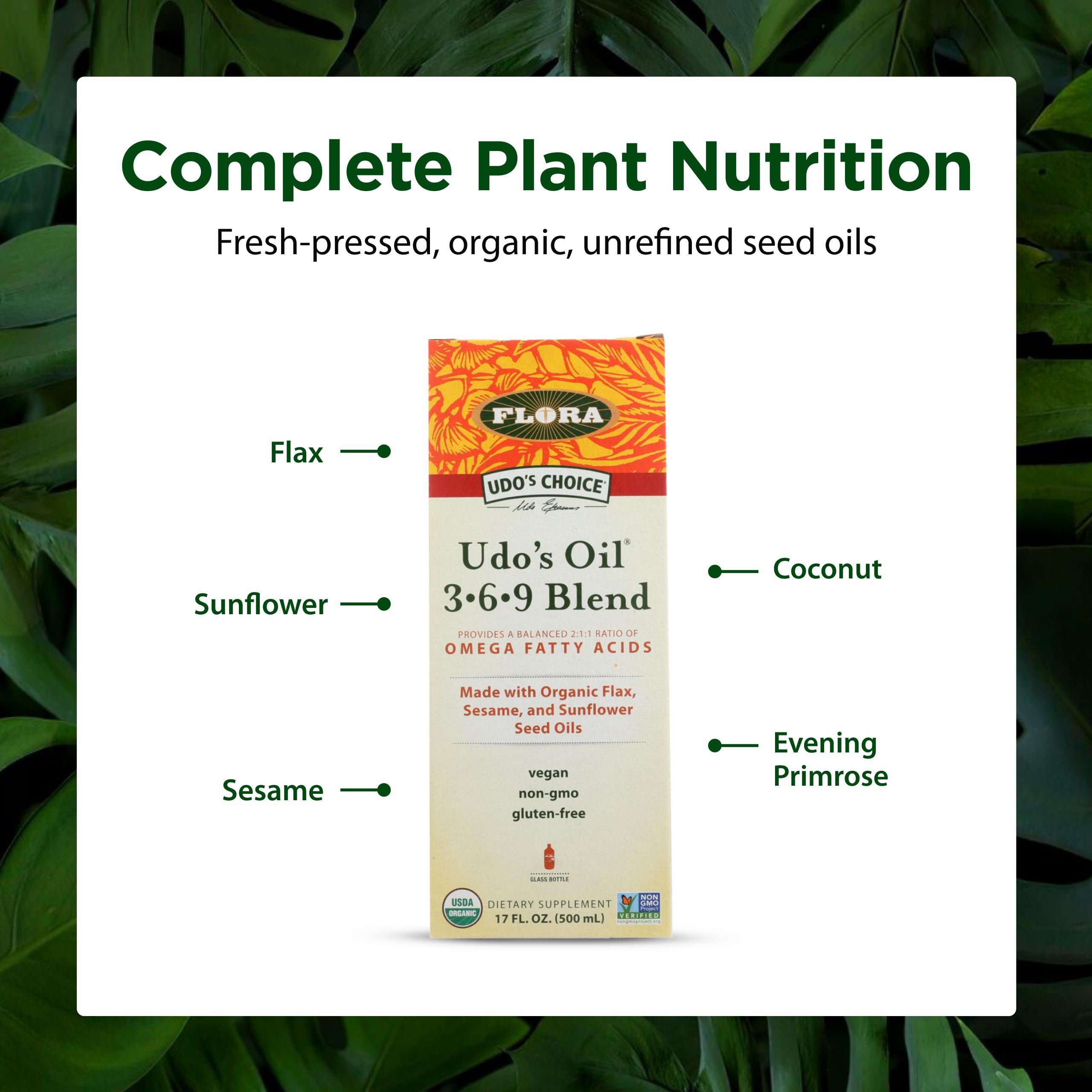 Flora Udo's Omega 369 Blend 499g in a kitchen setting with food