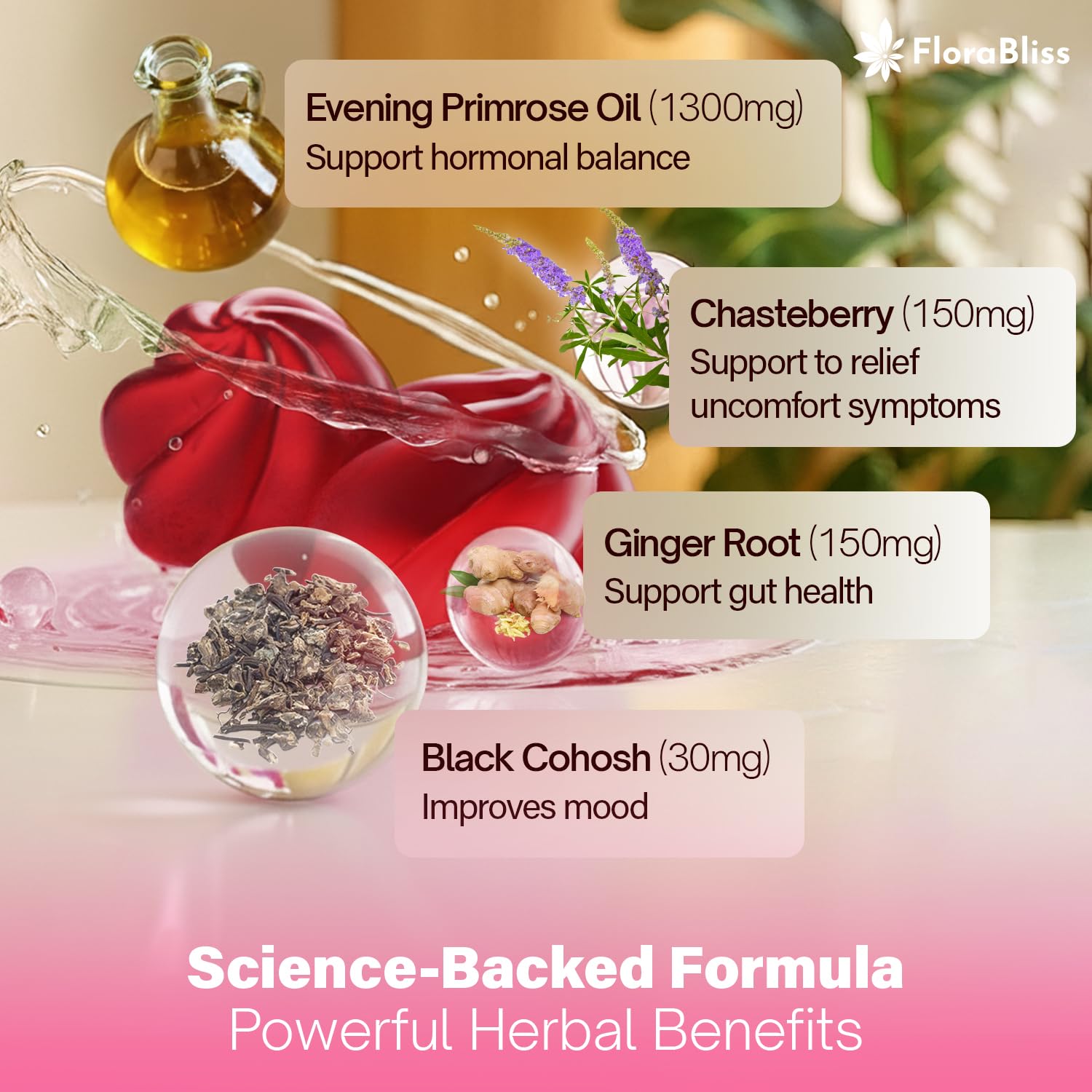 FloraBliss Evening Primrose Oil Gummies displayed with a few gummies