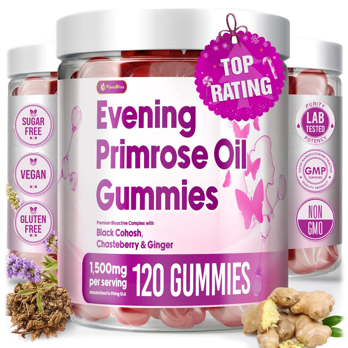 FloraBliss Evening Primrose Oil Gummies front view with pineapple flavour