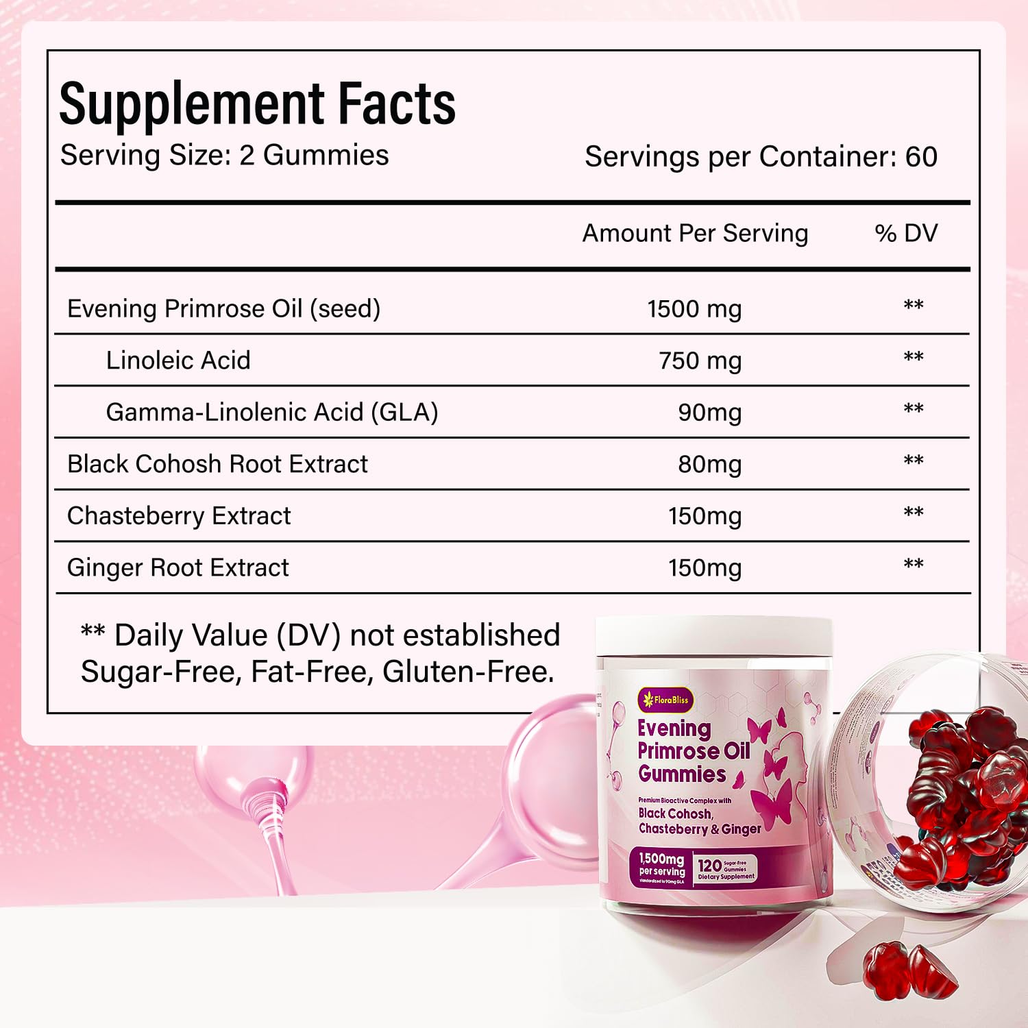 FloraBliss Evening Primrose Oil Gummies on a wooden table