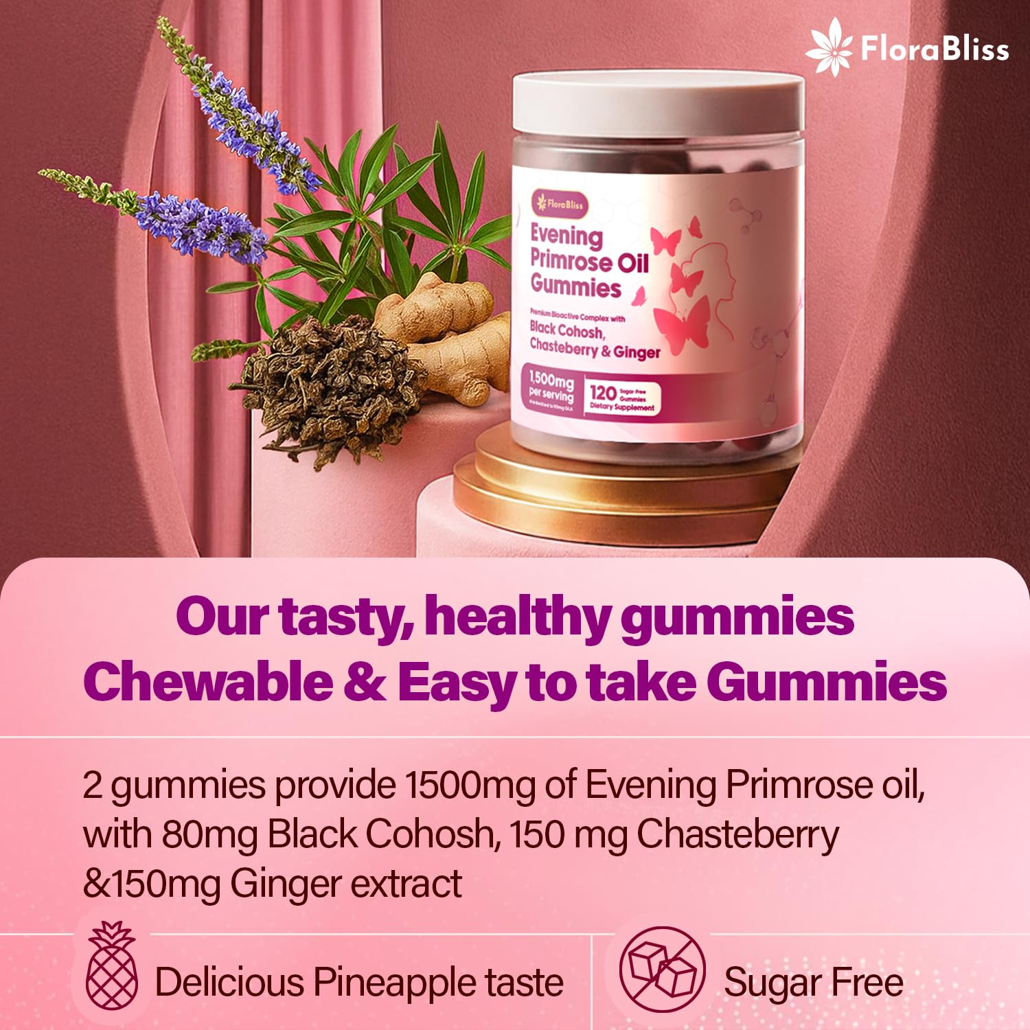 FloraBliss Evening Primrose Oil Gummies with fresh pineapples