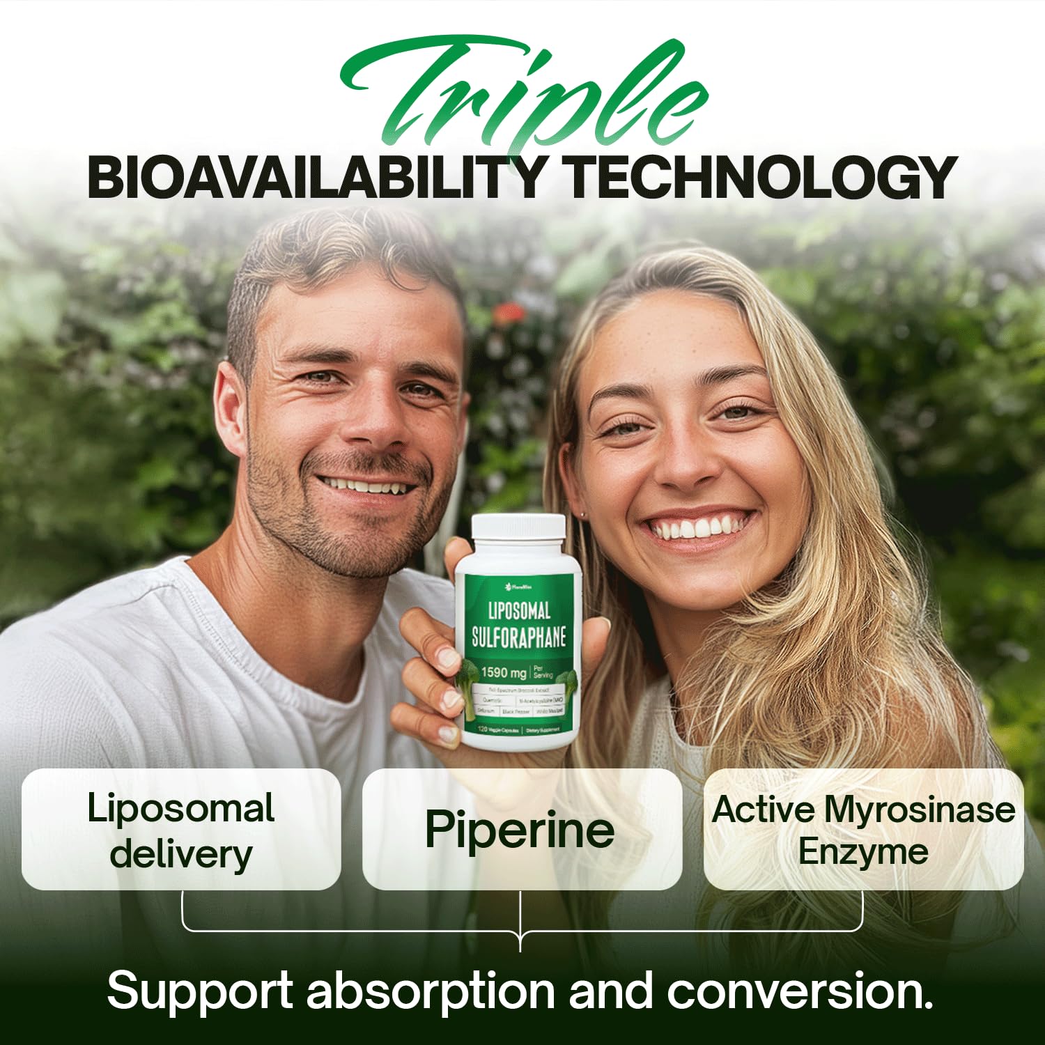 FloraBliss Liposomal Sulforaphane Supplement on a wooden table