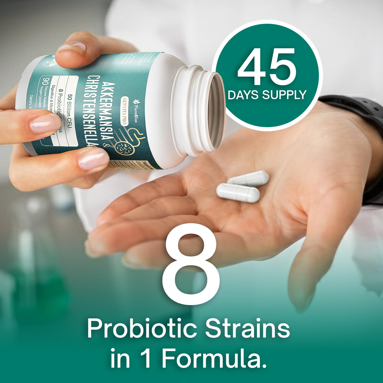 FloraBliss supplement capsules on a wooden surface
