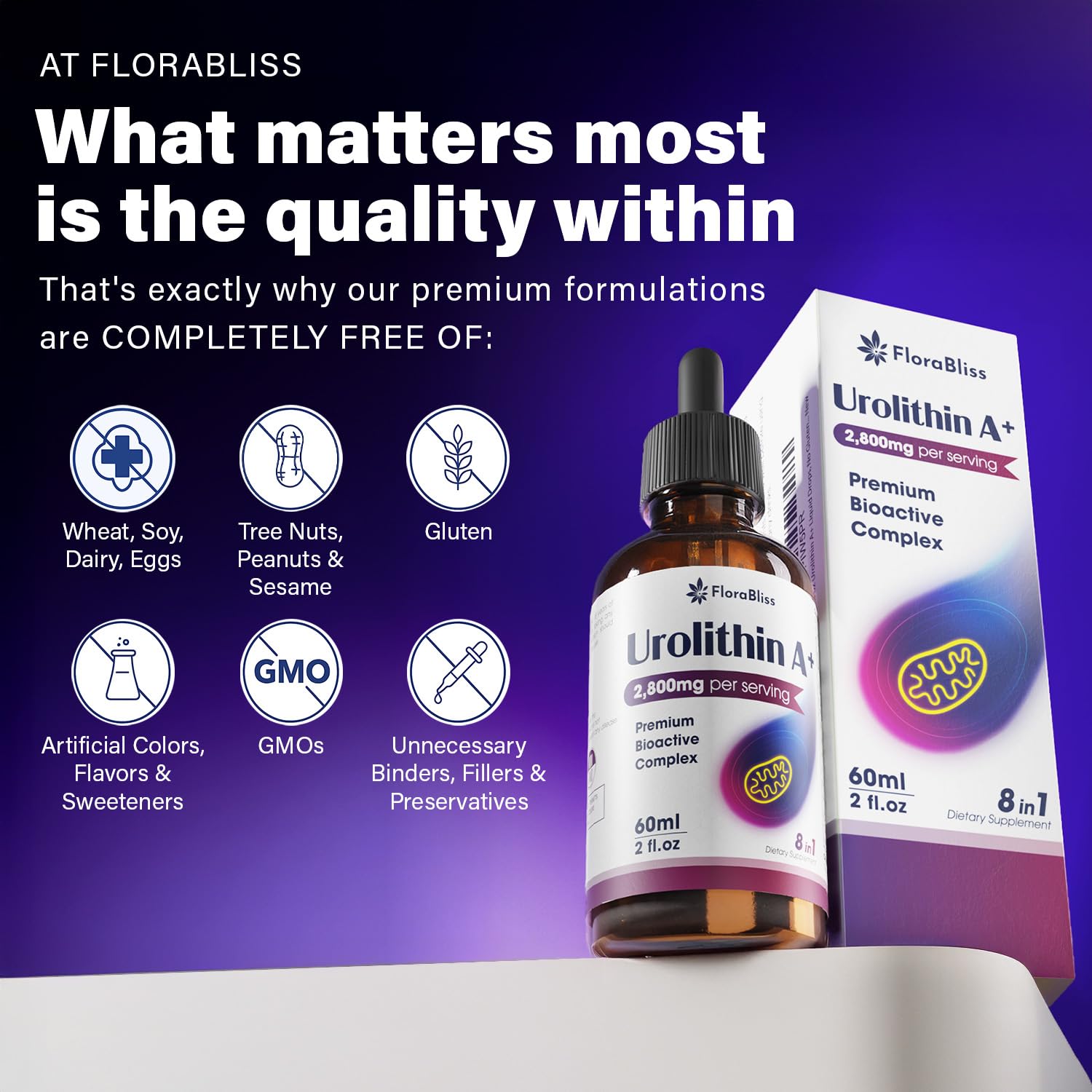 FloraBliss Urolithin A+ Liquid Supplement back view with ingredient list