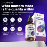 FloraBliss Urolithin A+ Liquid Supplement back view with ingredient list