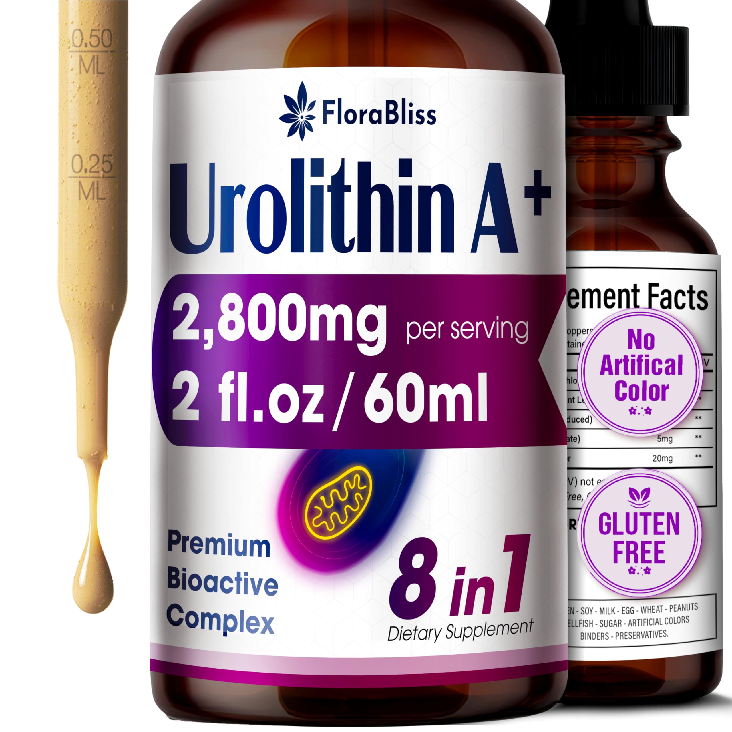 FloraBliss Urolithin A+ Liquid Supplement front view with packaging