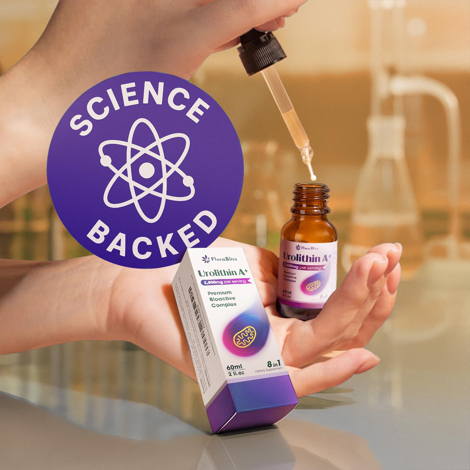 FloraBliss Urolithin A+ Liquid Supplement on a kitchen counter