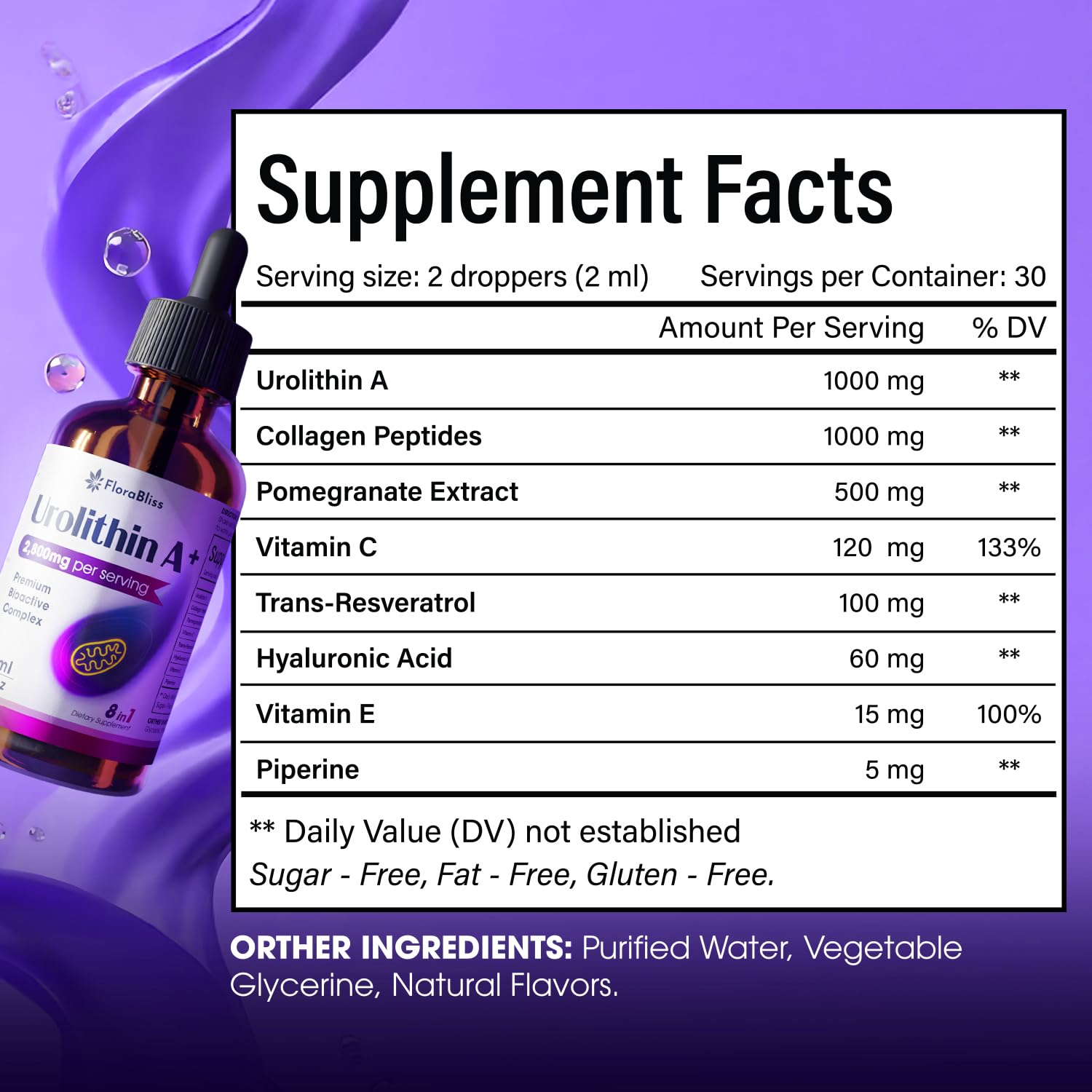 FloraBliss Urolithin A+ Liquid Supplement pouring into a spoon