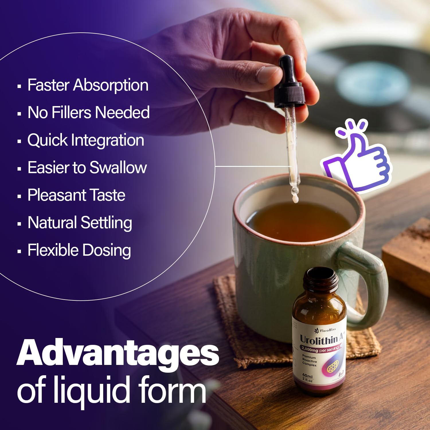 FloraBliss Urolithin A+ Liquid Supplement side view showing bottle