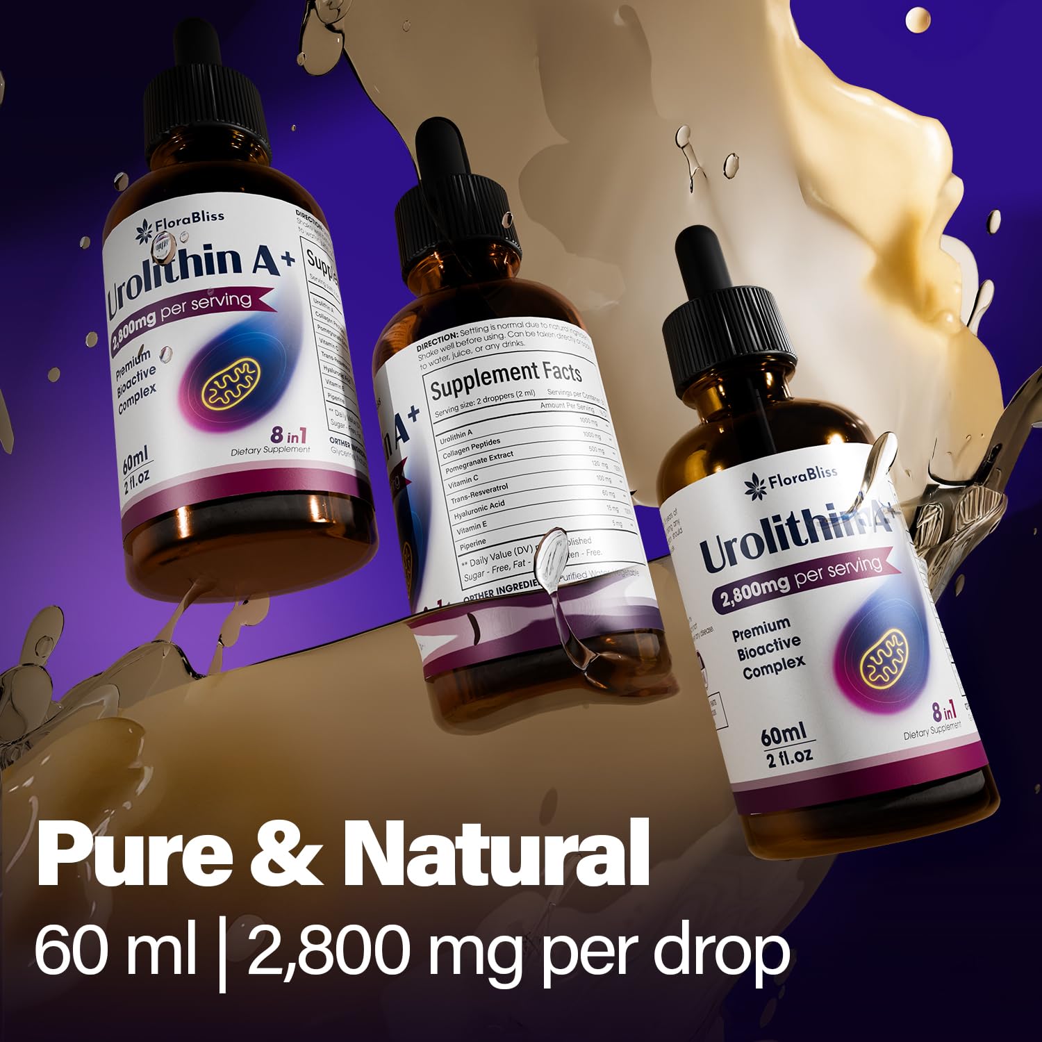 FloraBliss Urolithin A+ Liquid Supplement with fresh pomegranate