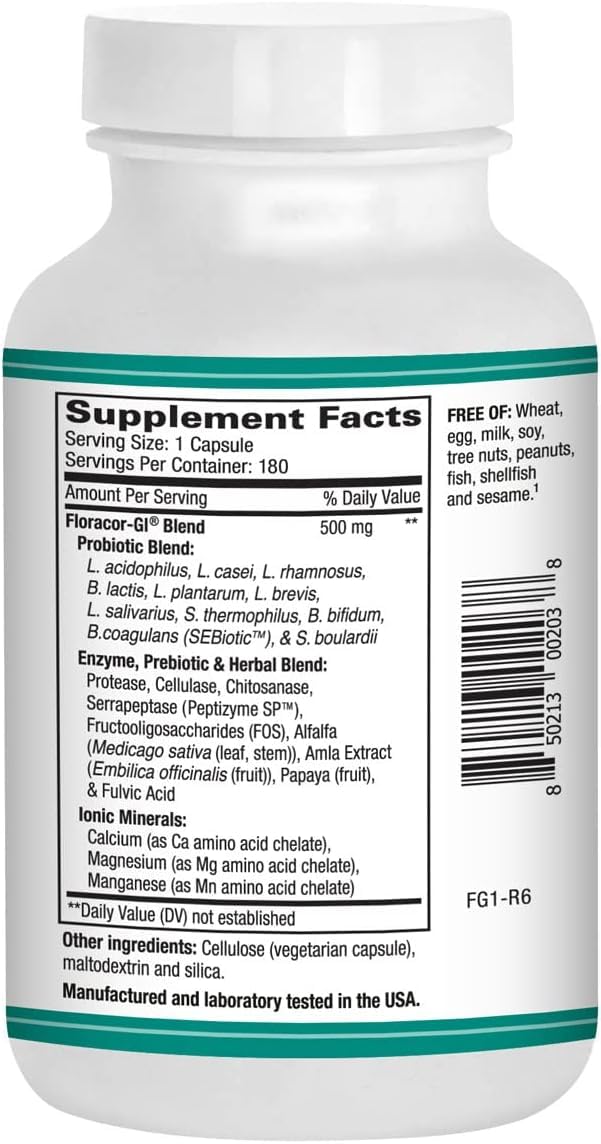 Floracor-GI SEBbiotic-CYC Multi-Enzymes 180 capsules side view