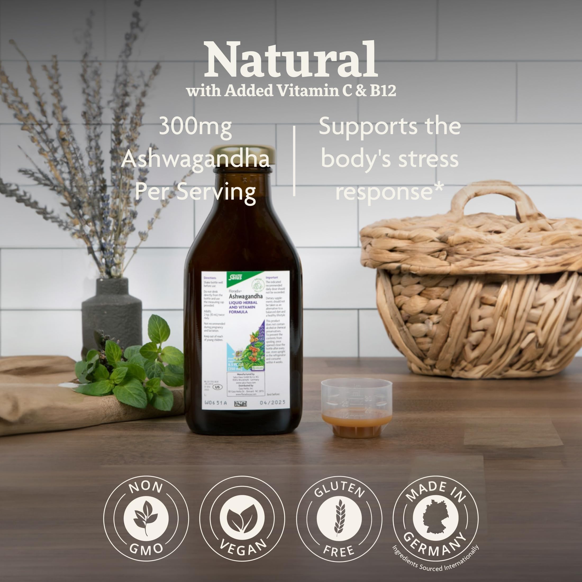 Floradix Ashwagandha Liquid Supplement 286g packaging details