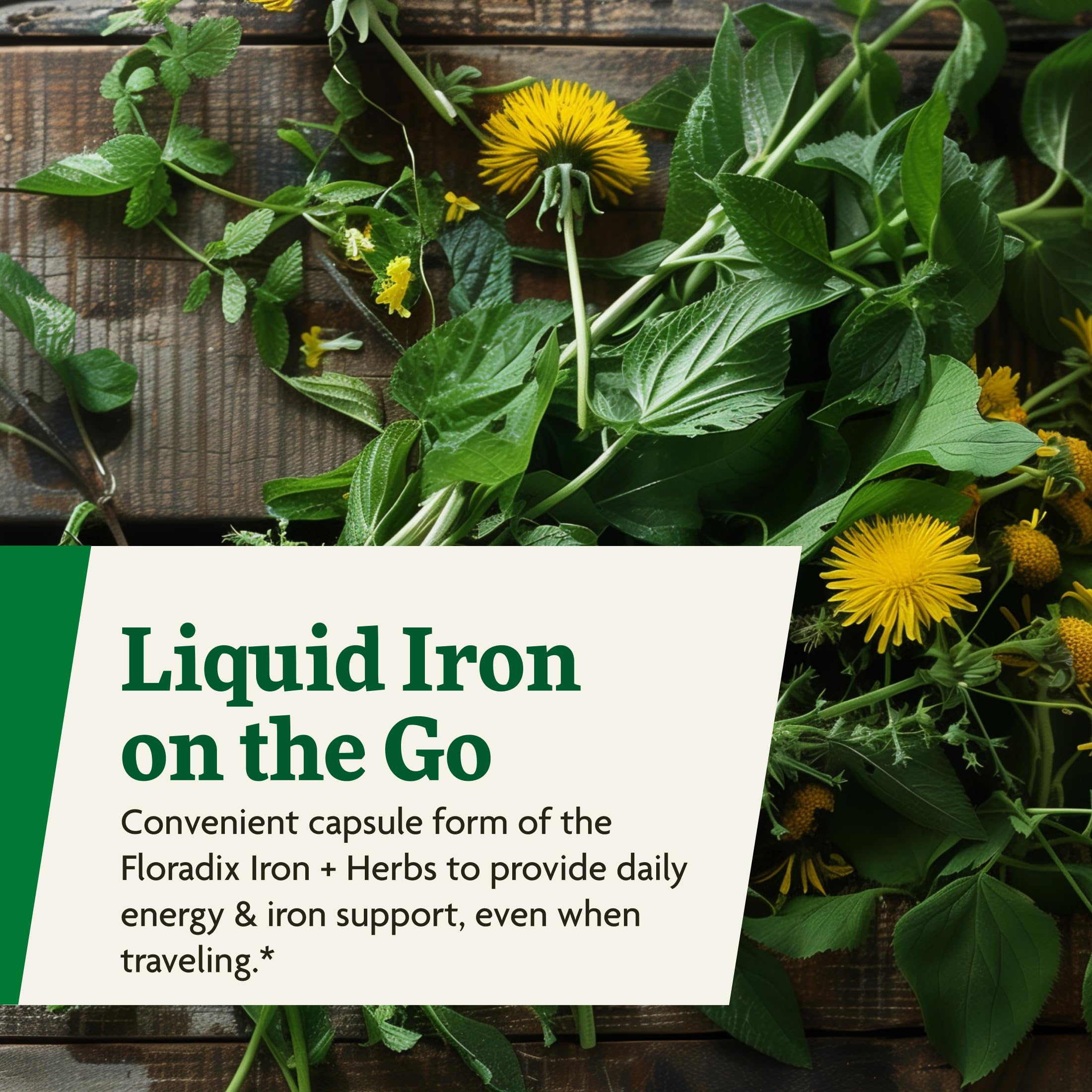 Floradix Iron + Herbs capsules in a glass of water