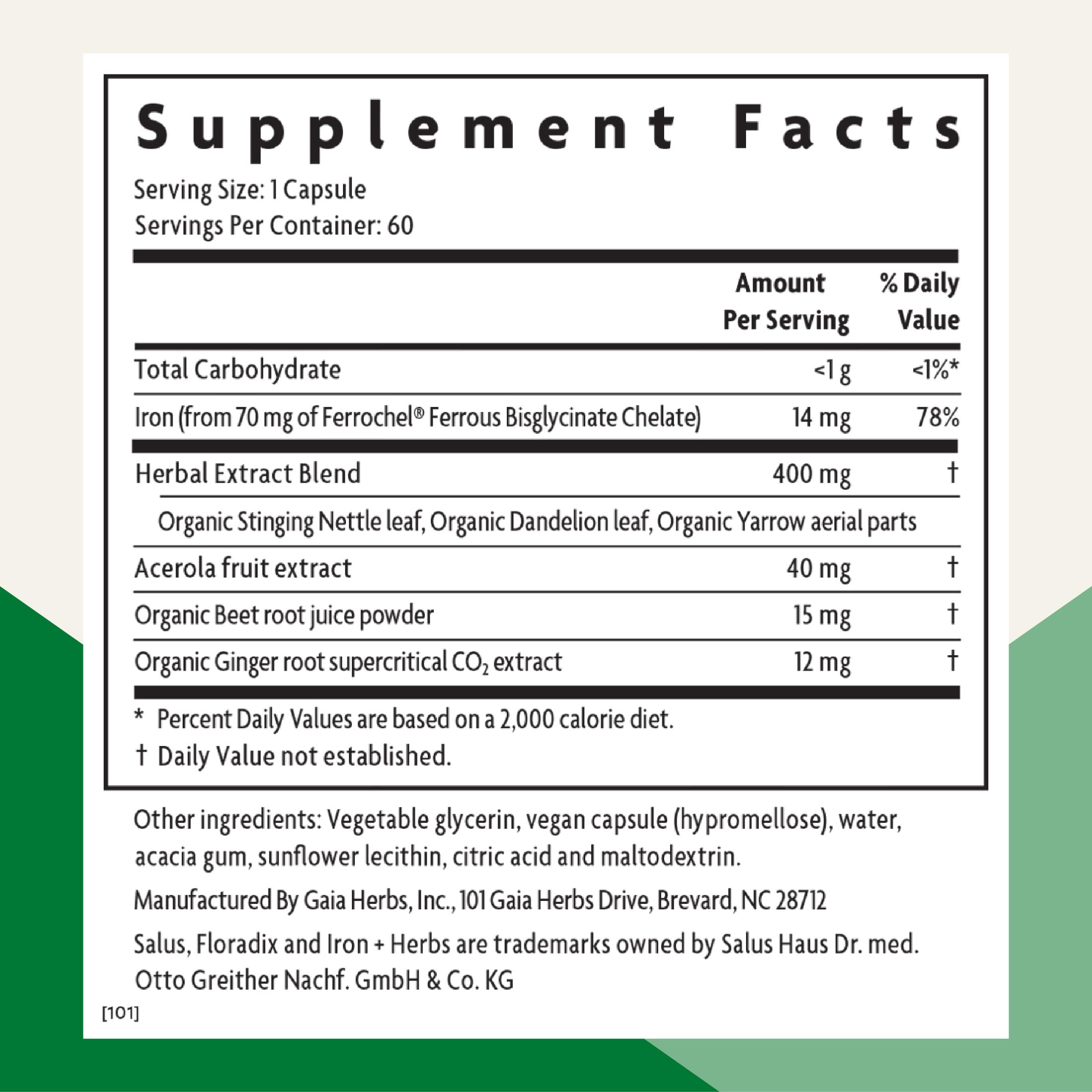 Floradix Iron + Herbs liquid capsules side view