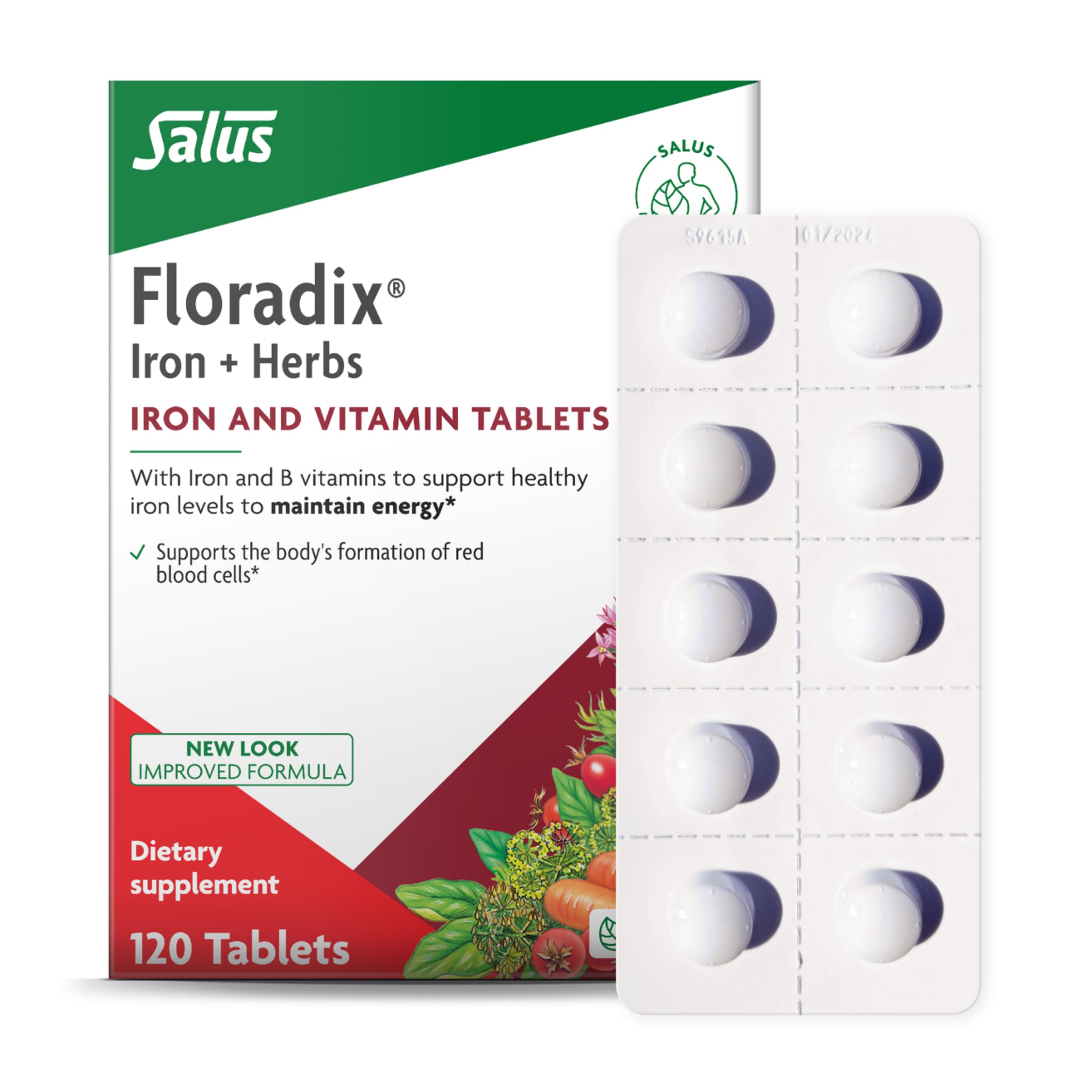 Floradix Iron & Vitamin Tablets front view with packaging