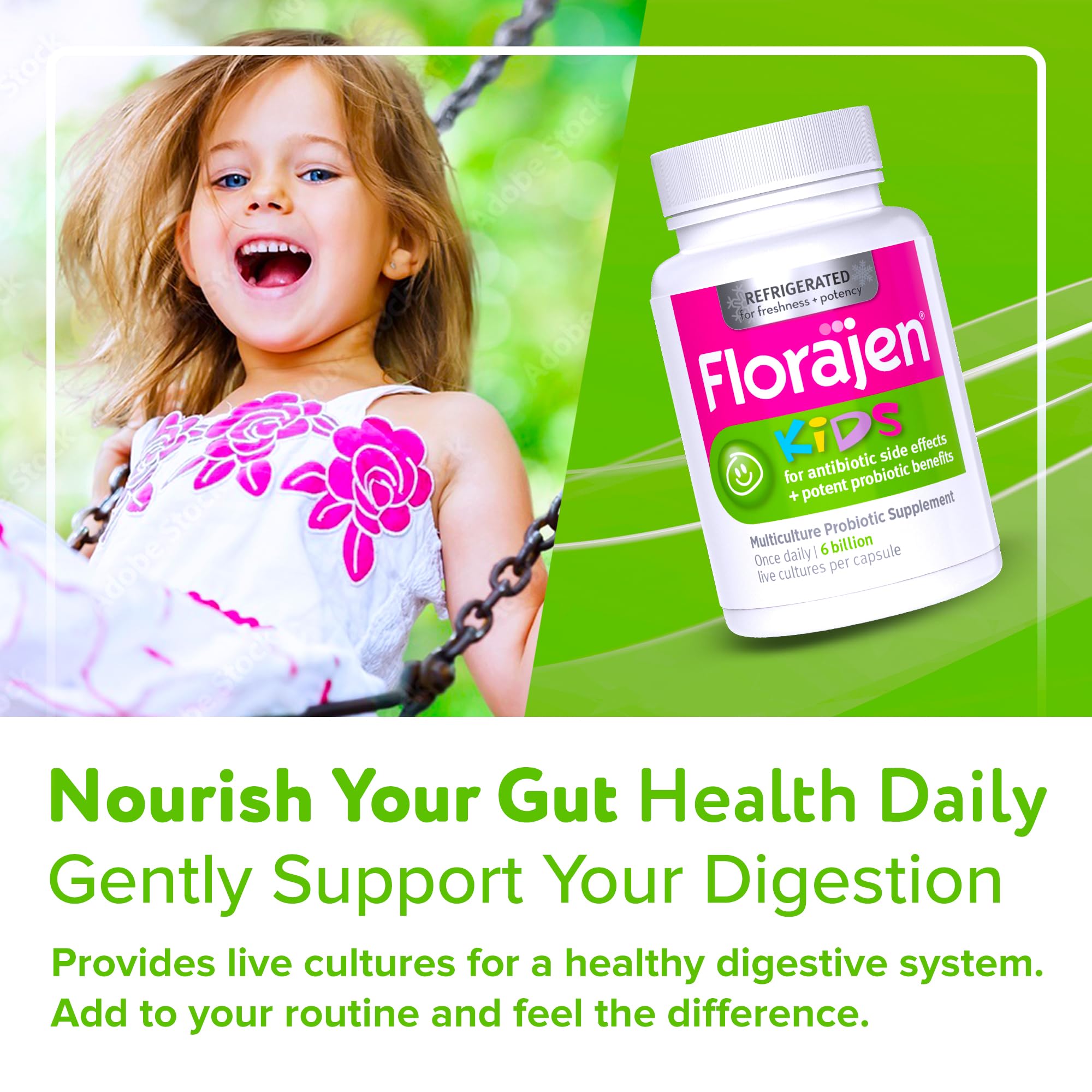 Florajen Kids Probiotic Supplement on a kitchen counter