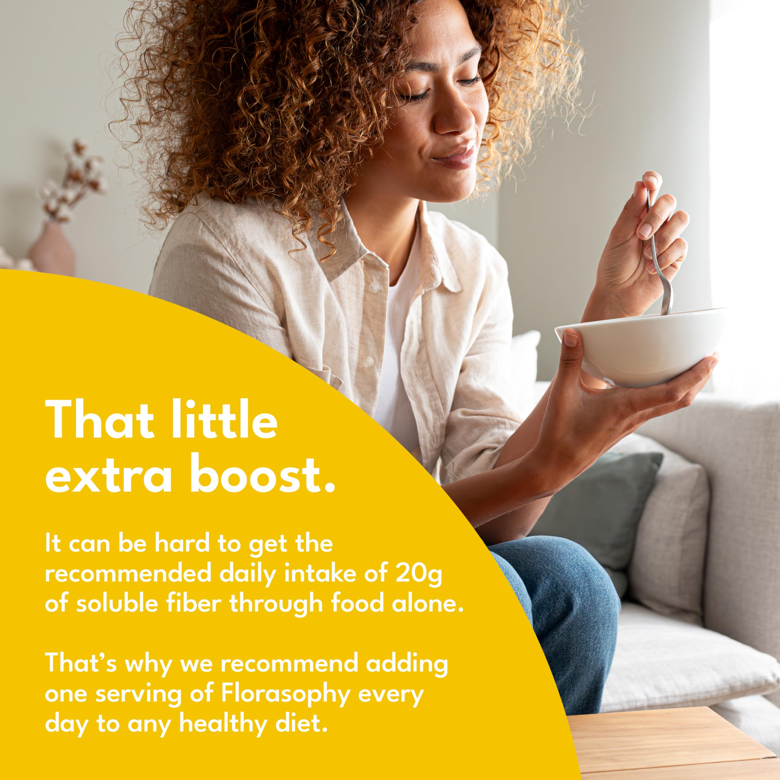 Florasophy Firm Up Soluble Fibre Supplement alongside a glass of water