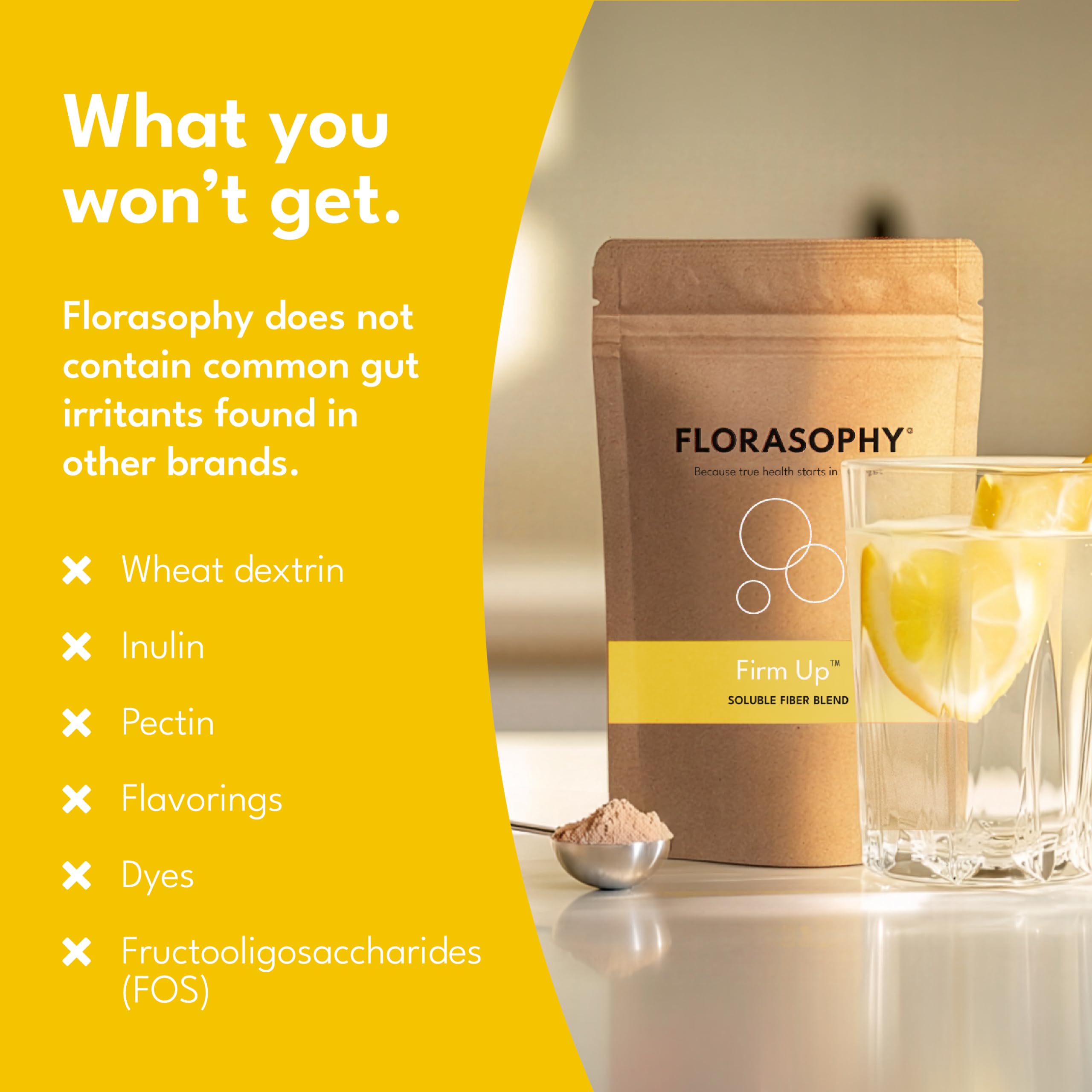 Florasophy Firm Up Soluble Fibre Supplement in a kitchen setting