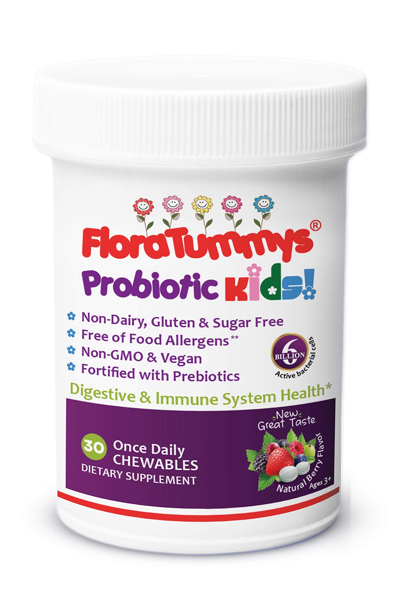 FloraTummys Kids Chewable Probiotic Prebiotics front view of packaging