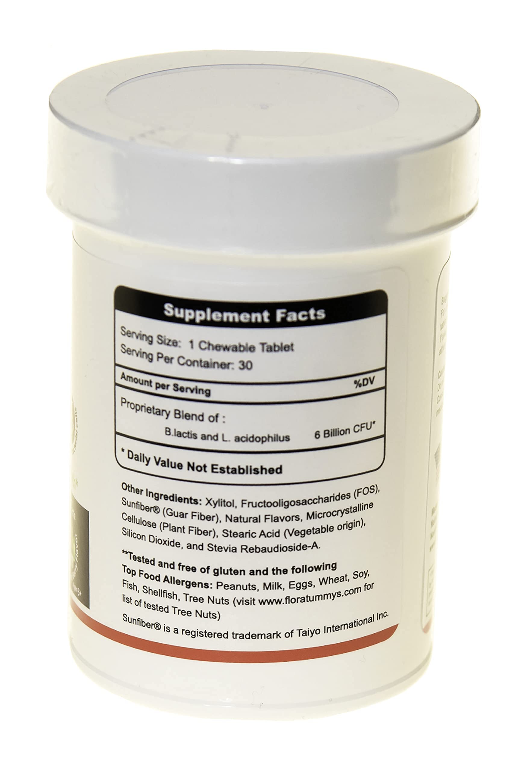 FloraTummys Kids Chewable Probiotic Prebiotics tablets on a white background