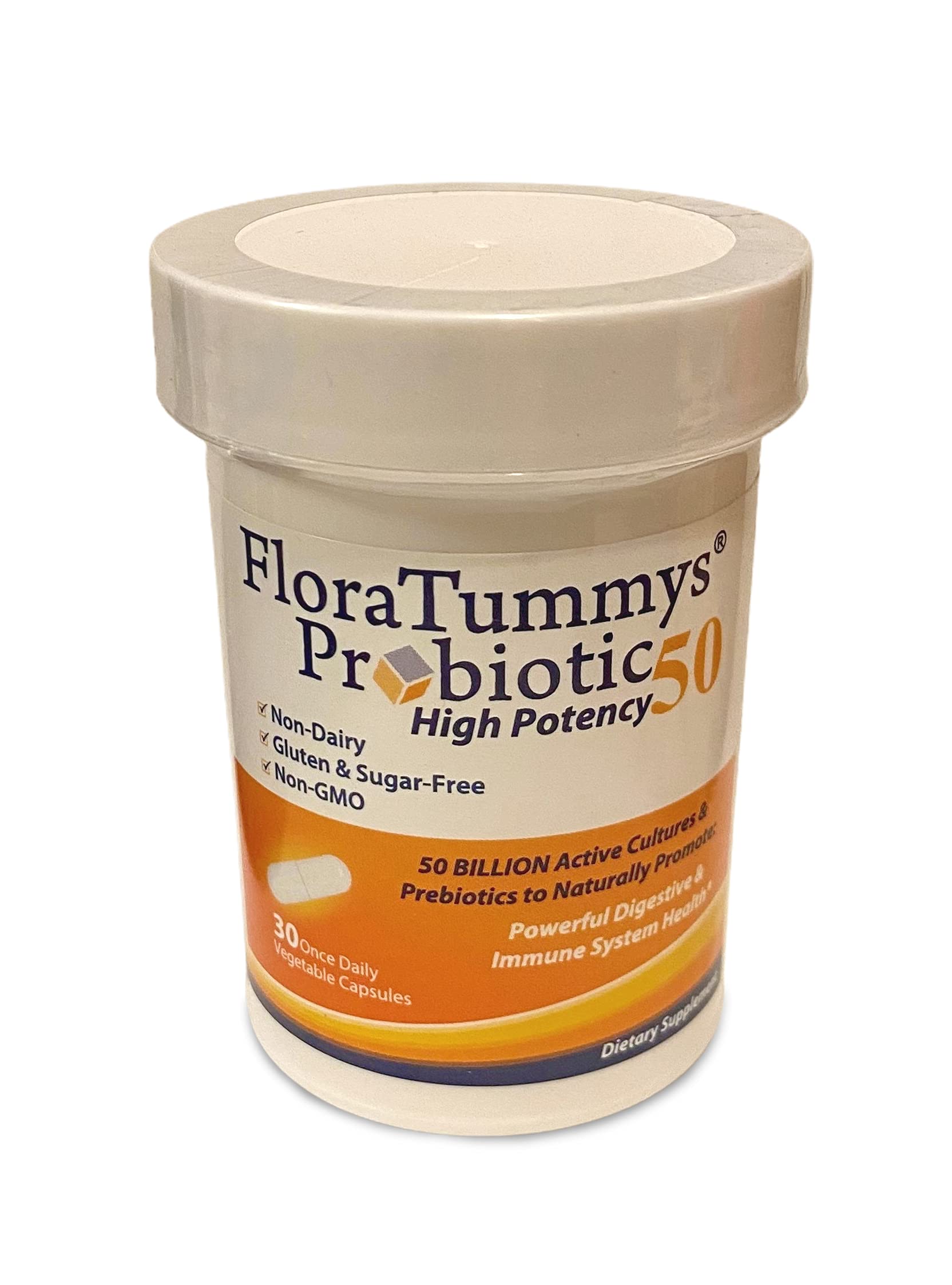 FloraTummys Probiotic Capsules front view with bottle cap
