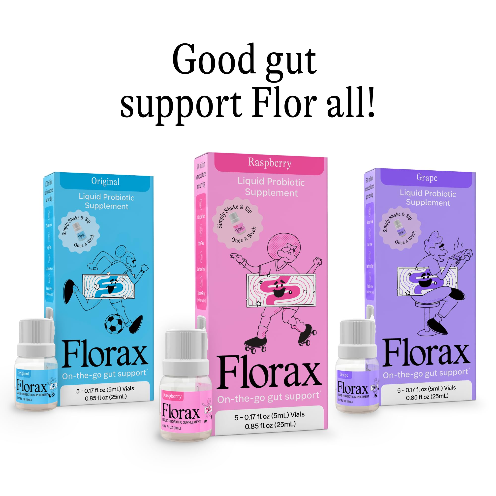 Florax Liquid Probiotic vials displayed on a kitchen counter