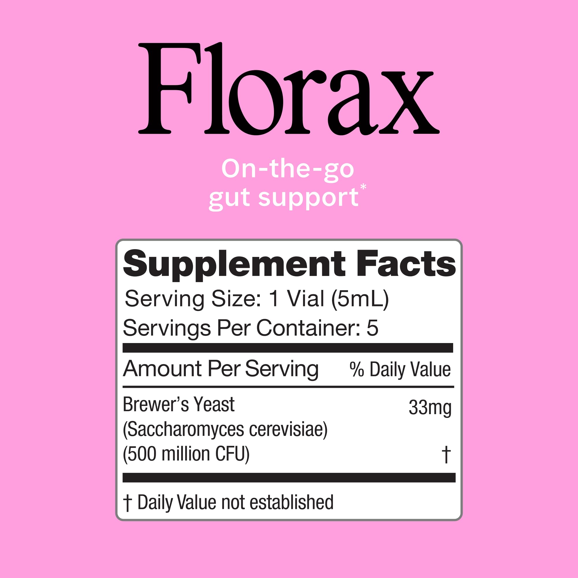 Florax Liquid Probiotic vials with nutritional information