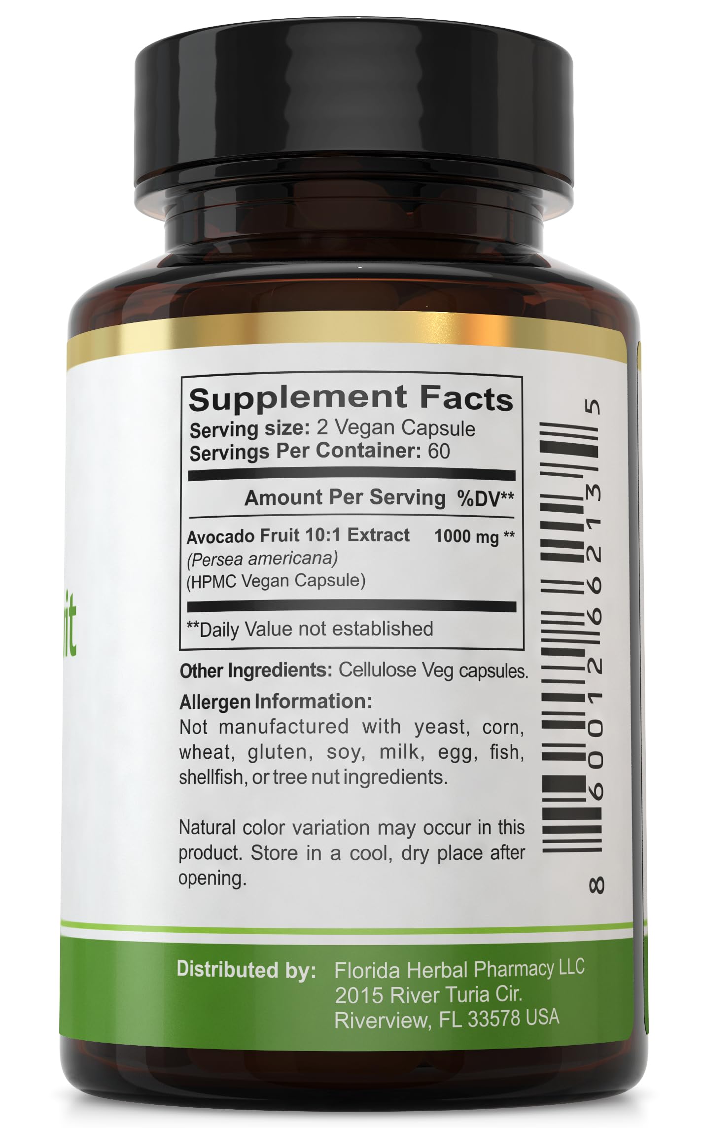 Florida Herbal Pharmacy Avocado Supplement capsules on a wooden table