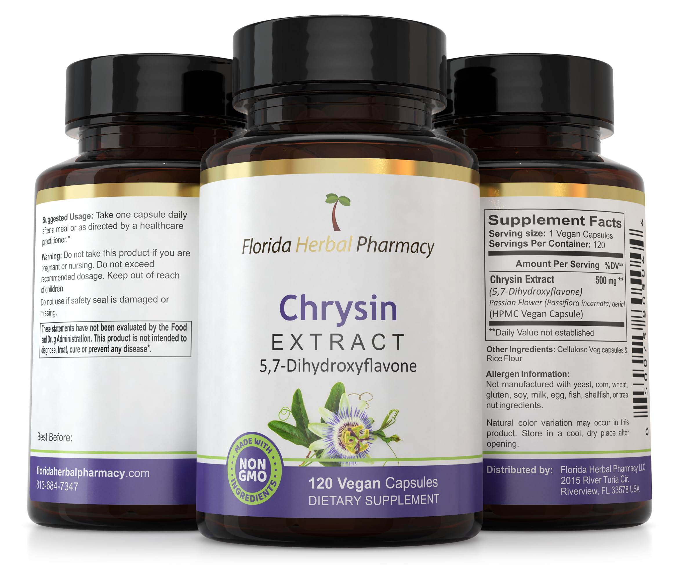 Florida Herbal Pharmacy Chrysin Capsules on a wooden table
