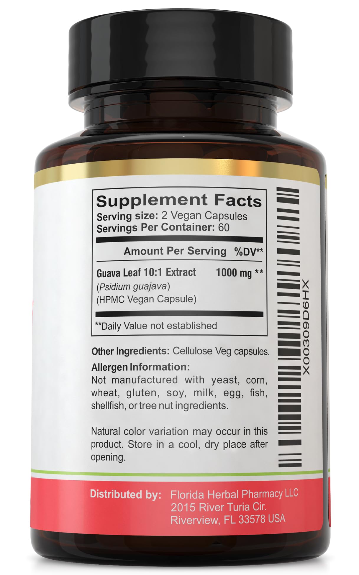 Florida Herbal Pharmacy Guava Leaf Capsules 100g side view