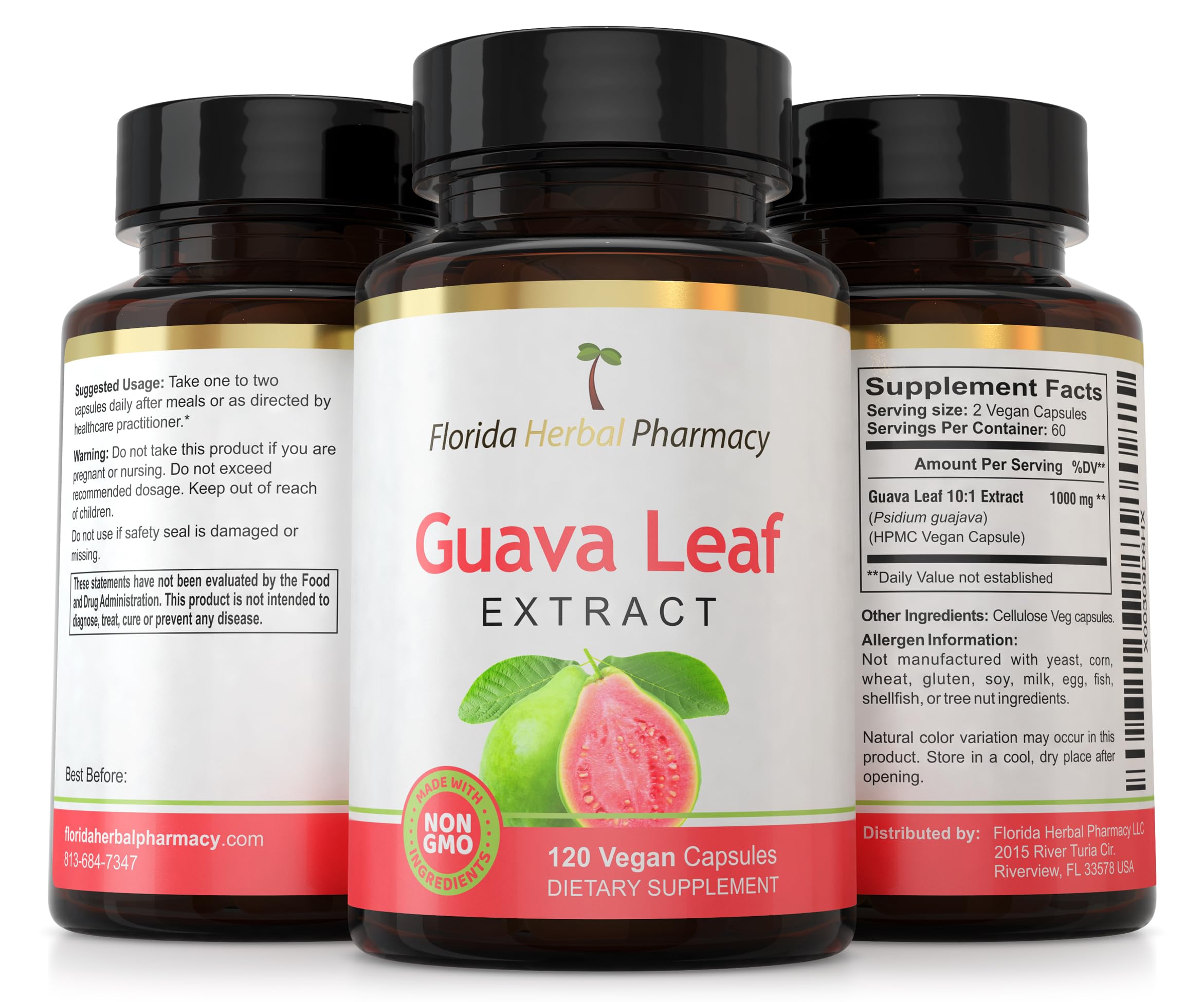 Florida Herbal Pharmacy Guava Leaf Capsules 100g with dosage information