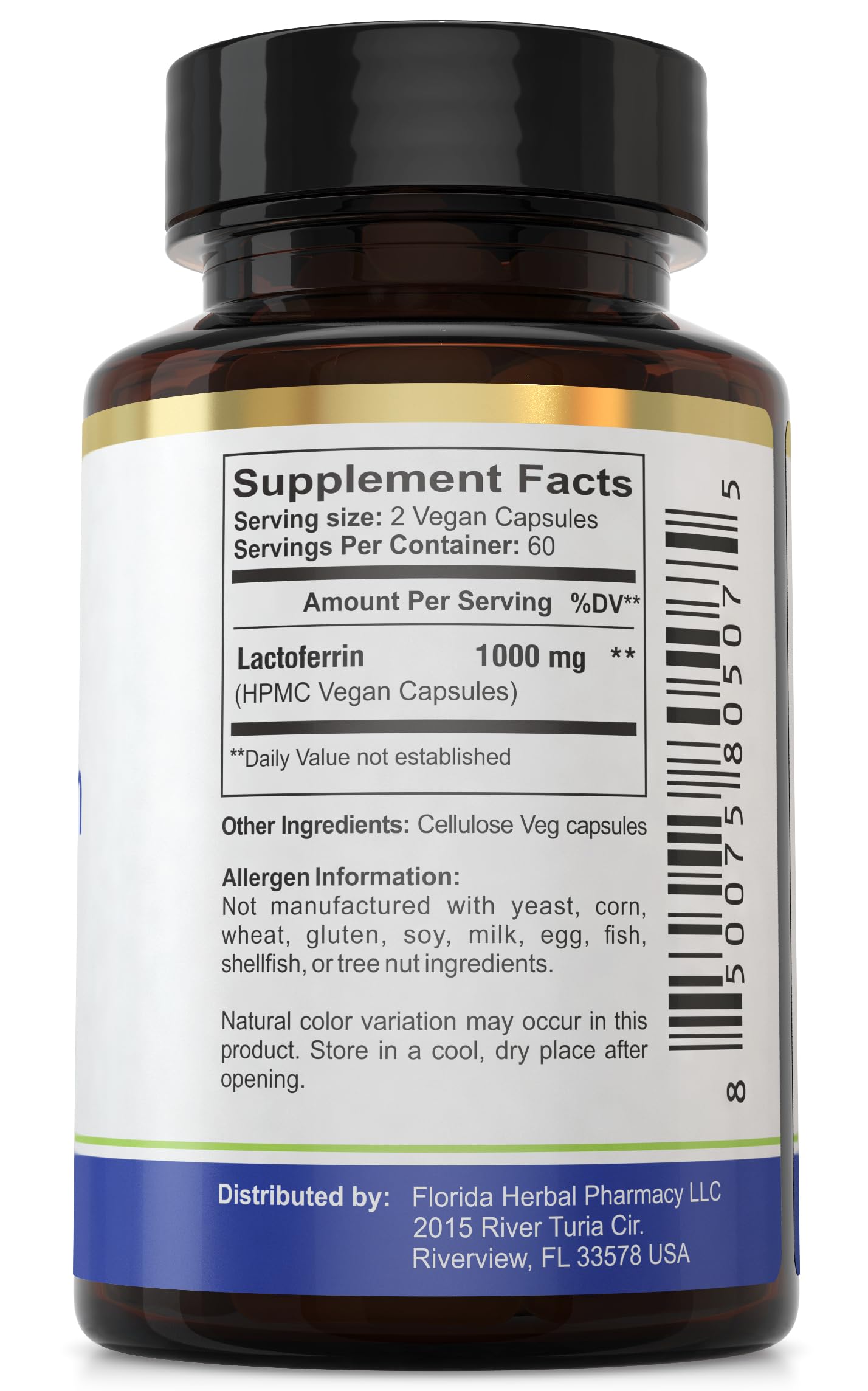 Florida Herbal Pharmacy Lactoferrin 1000 mg supplement bottle side view