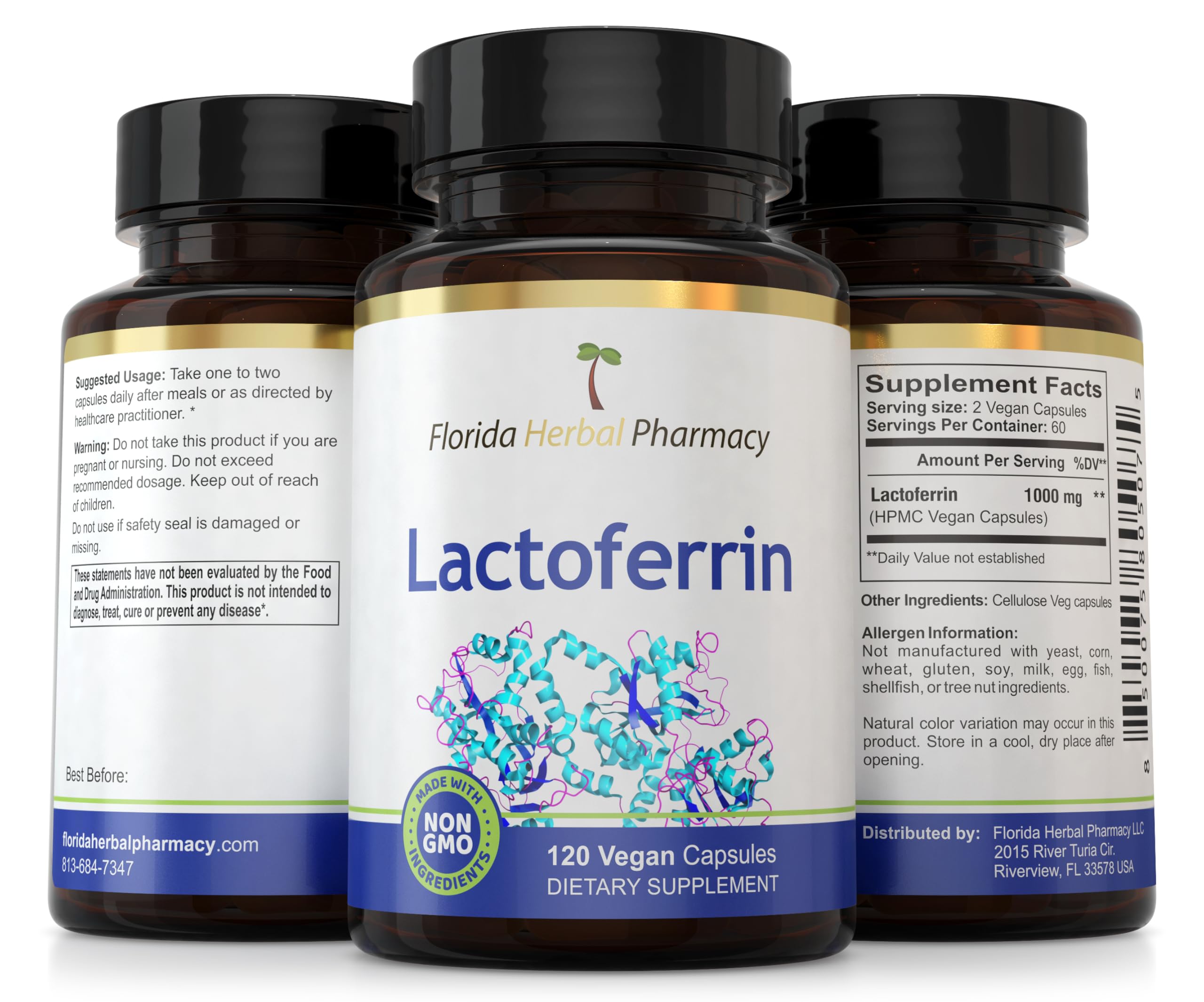 Florida Herbal Pharmacy Lactoferrin 1000 mg supplement capsules on a wooden surface