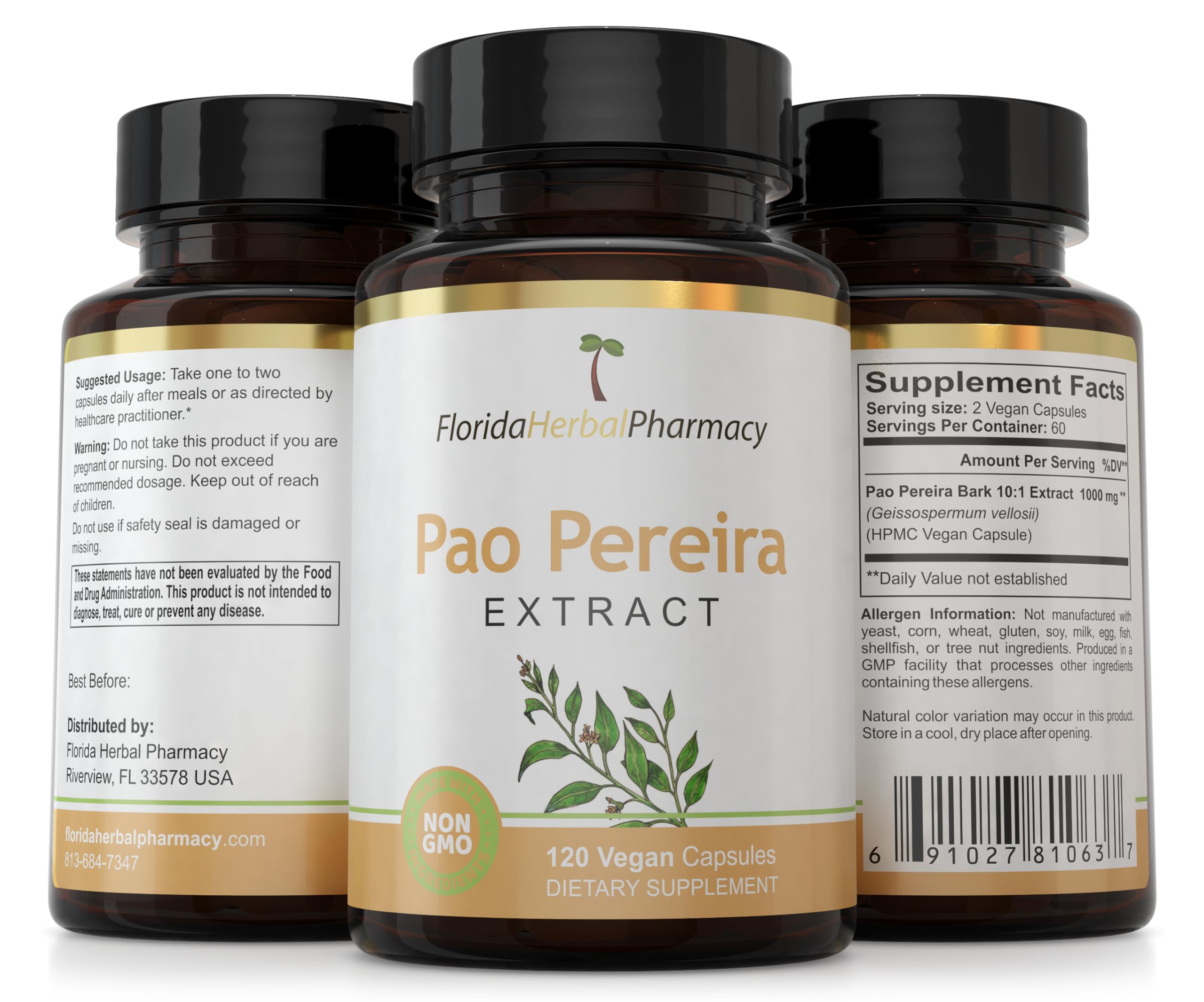 Florida Herbal Pharmacy Pao Pereira Extract Capsules with dosage information