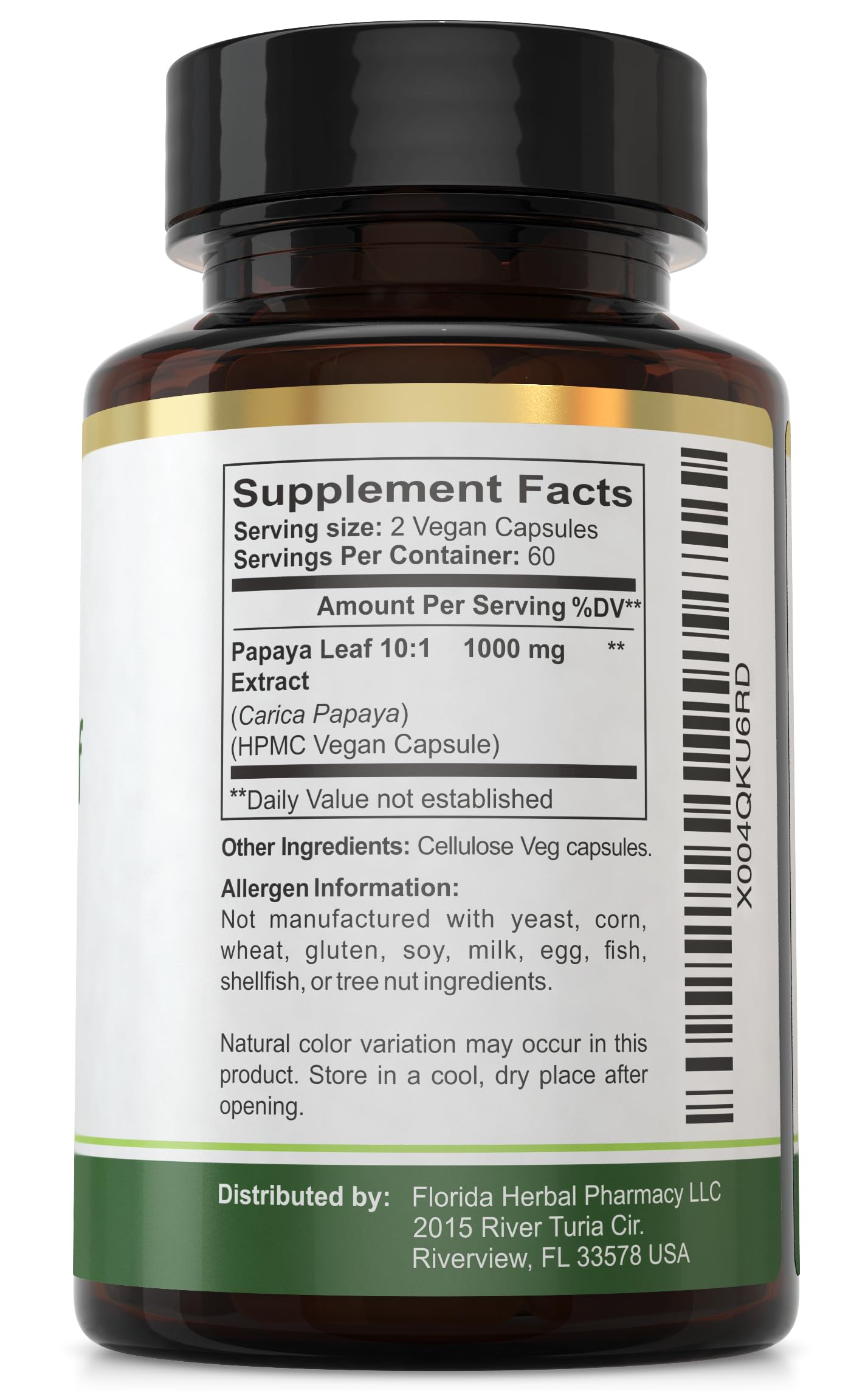 Florida Herbal Pharmacy Papaya Extract Capsules 500mg side view
