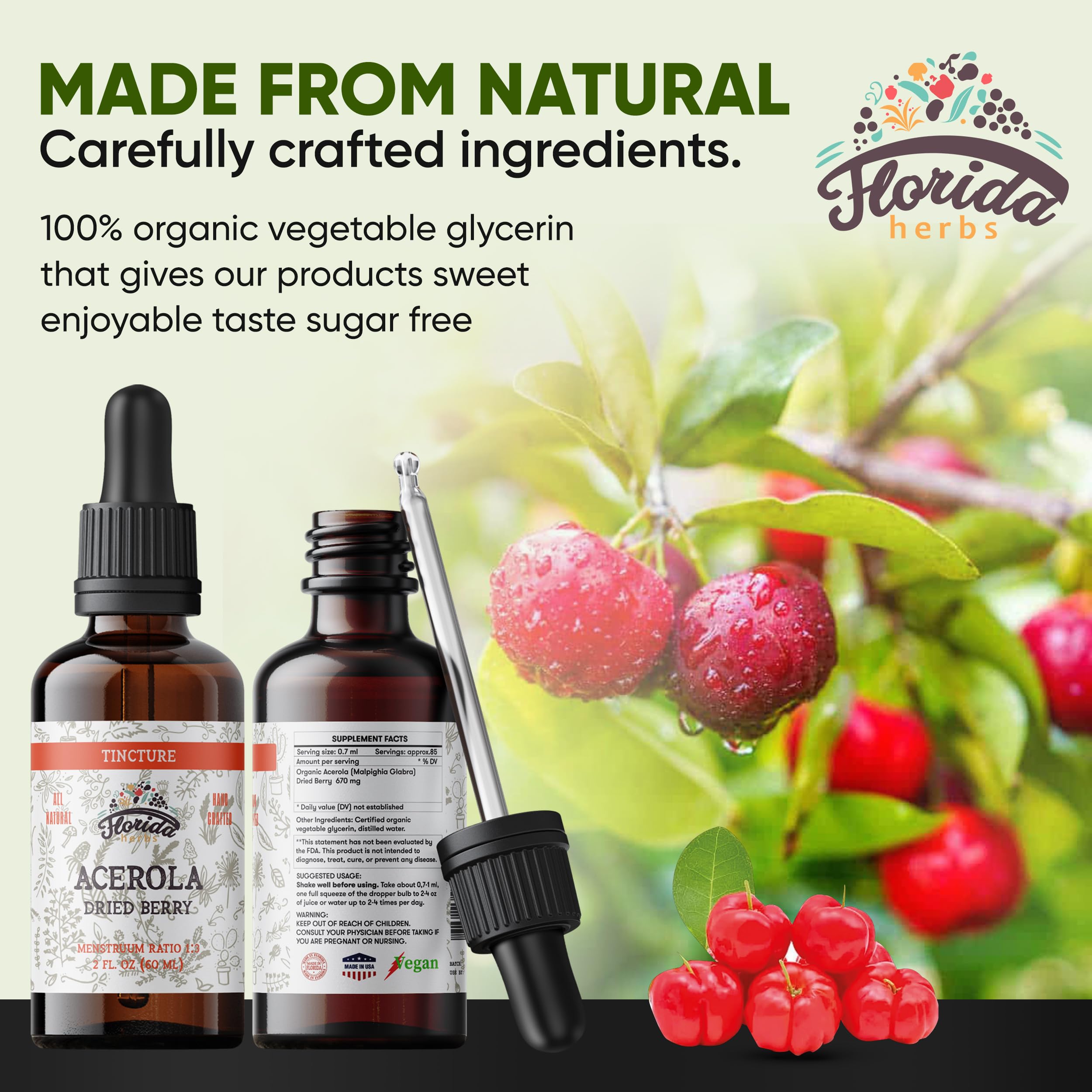 FLORIDA HERBS Acerola Cherry Vitamin C Supplement side view