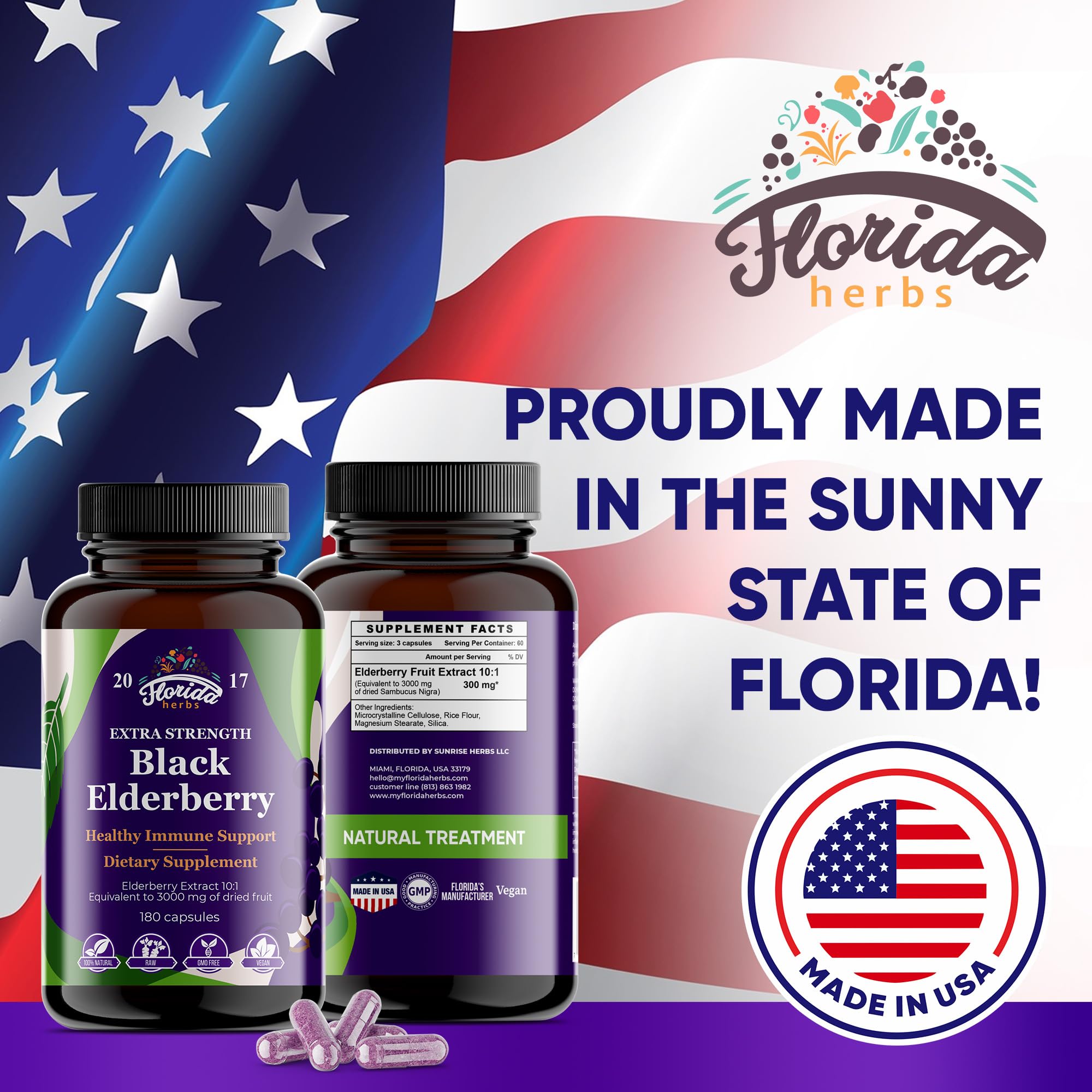 FLORIDA HERBS Black Elderberry Capsules on a wooden surface