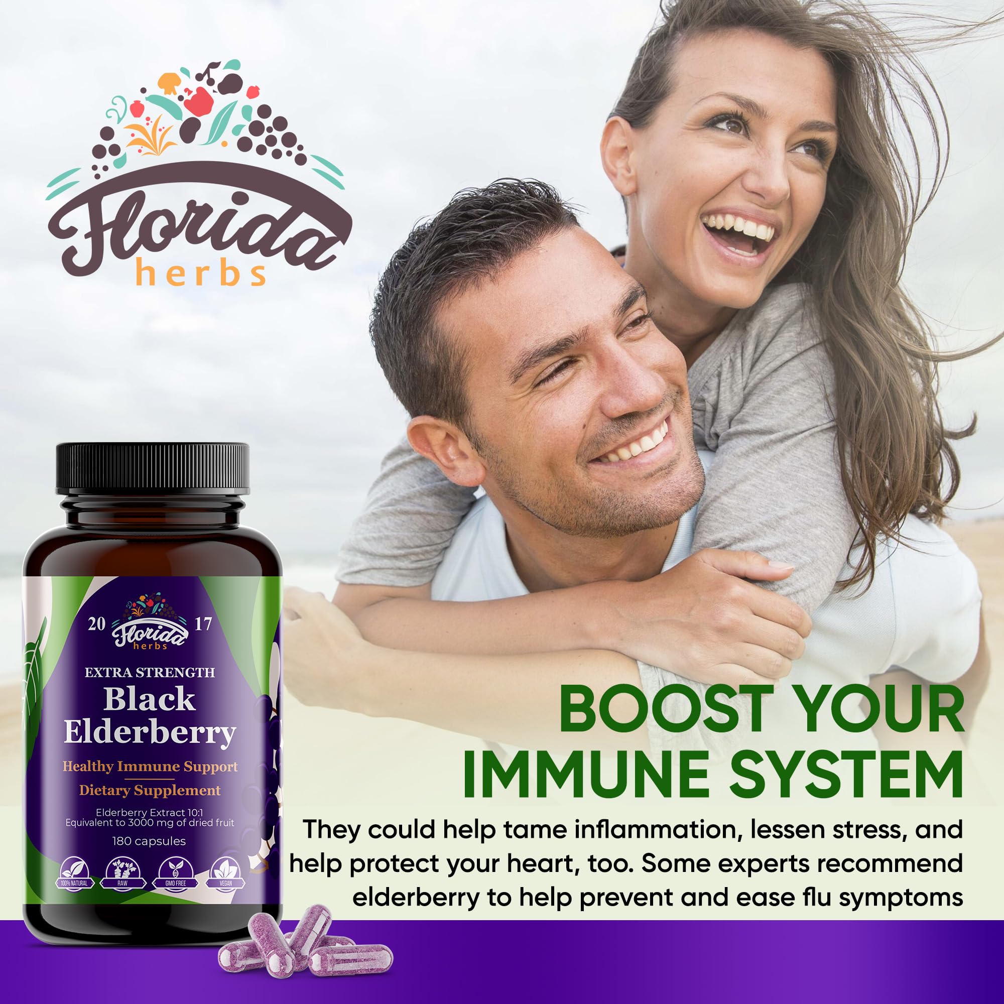 FLORIDA HERBS Black Elderberry Capsules open bottle with capsules