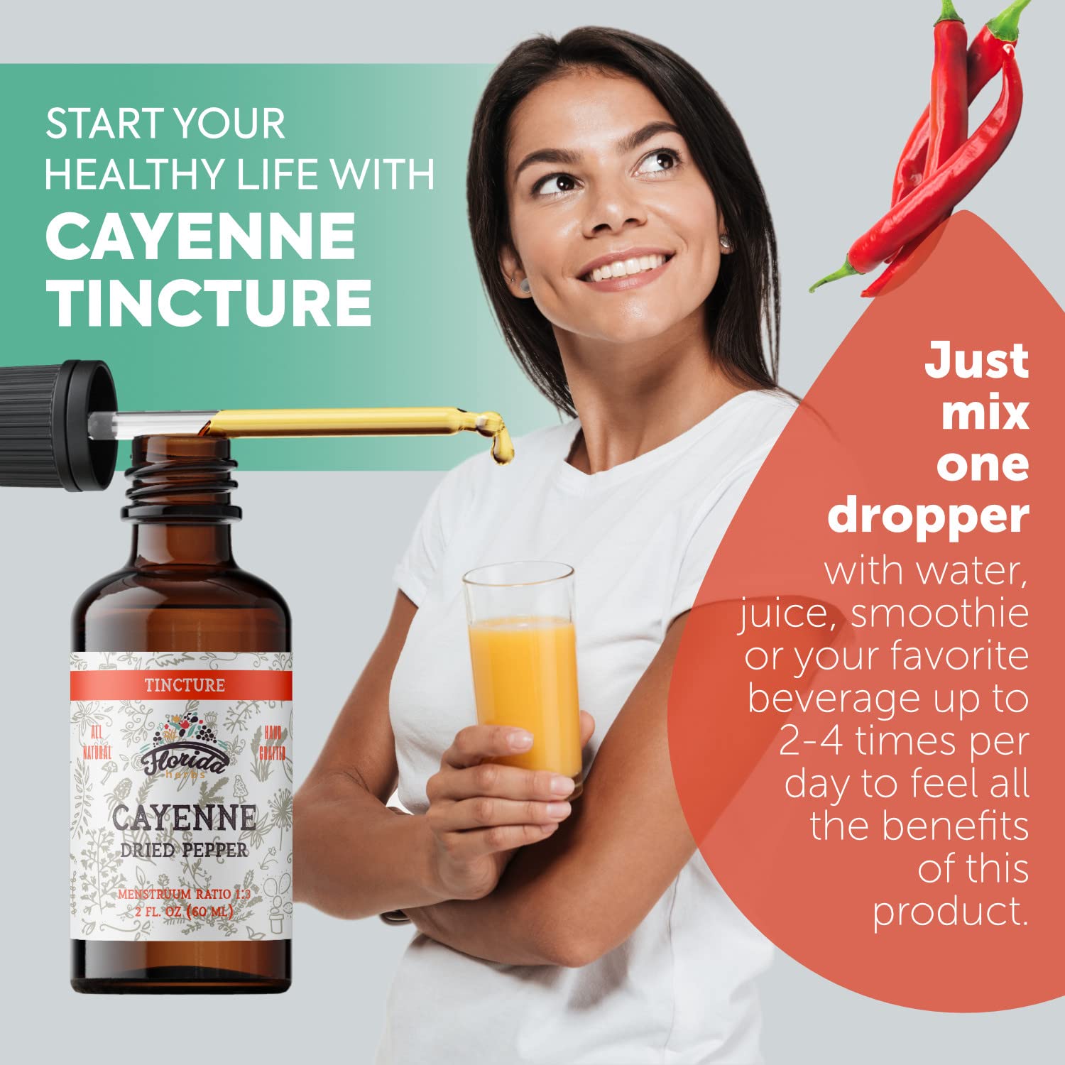 FLORIDA HERBS Cayenne Tincture 57g bottle with herbs